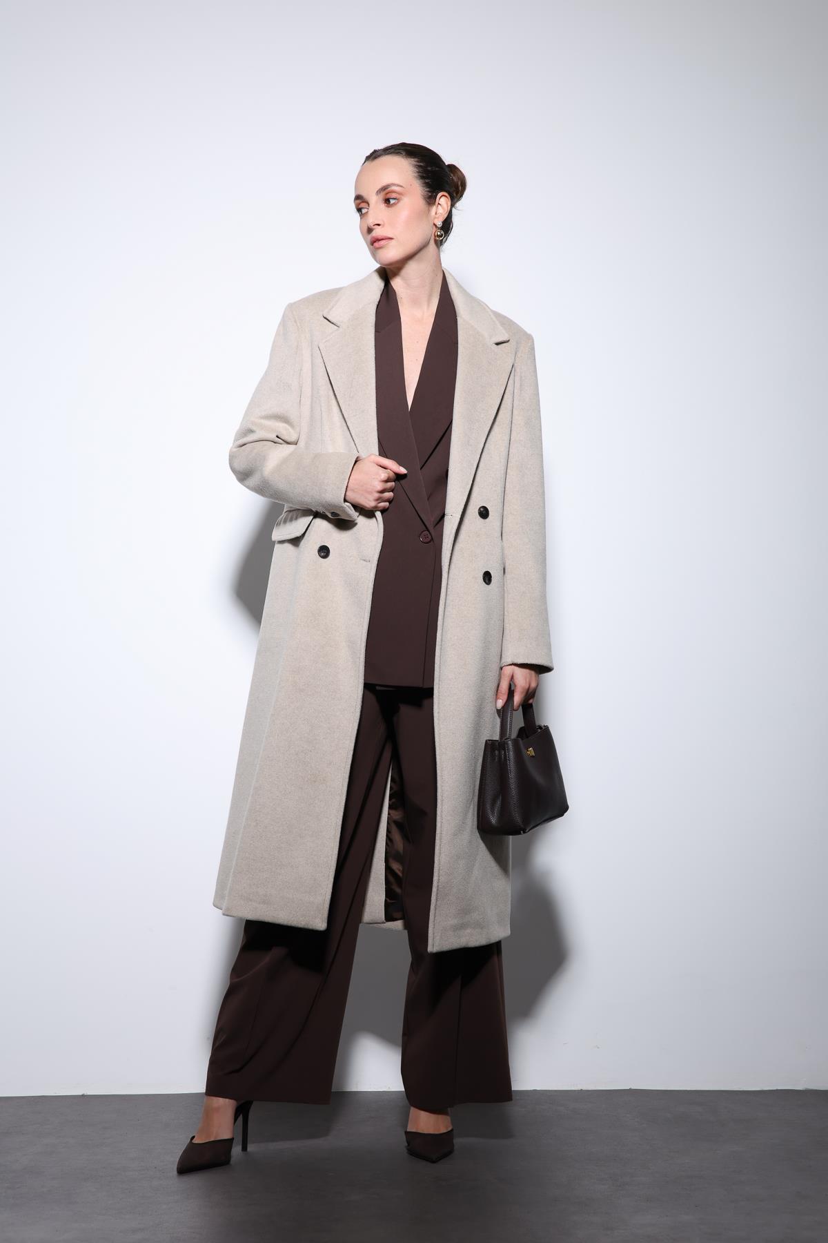 Antioch Bej Yün Karışımlı Kruvaze Kadın Kaban