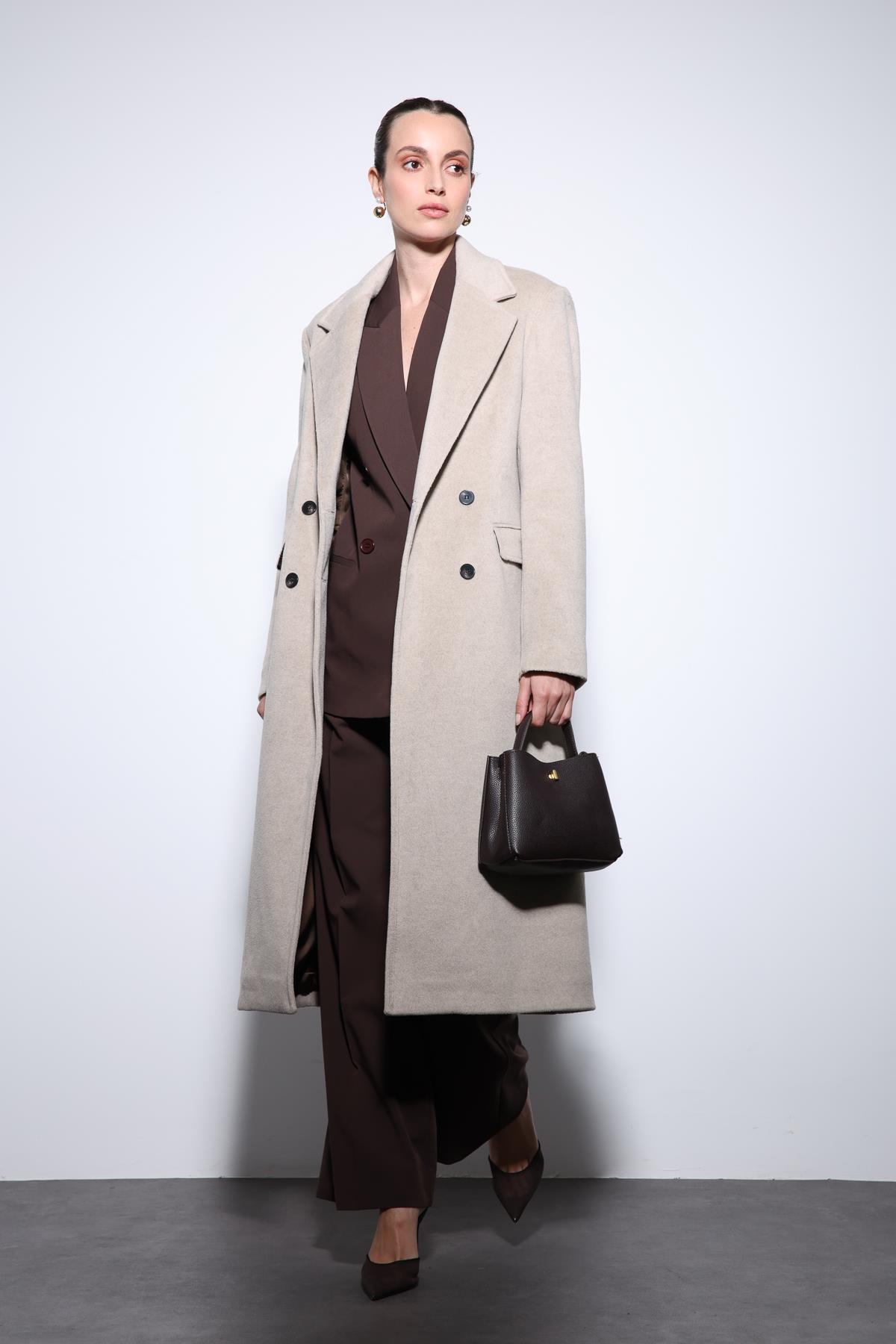 Antioch Bej Yün Karışımlı Kruvaze Kadın Kaban