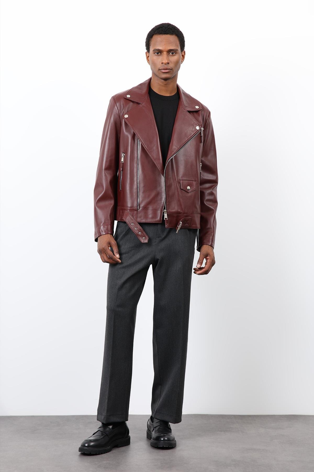 Antioch Bordo 100% Deri Biker Ceket