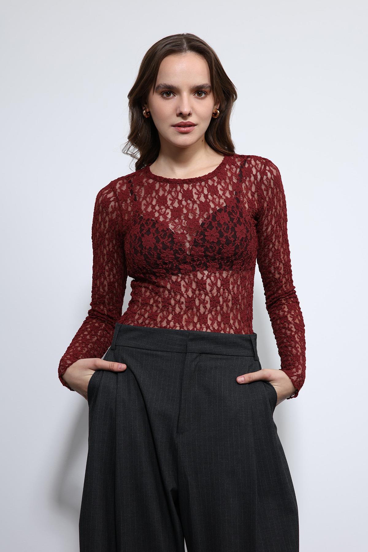 Antioch Bordo Dantel Detaylı Transparan Bluz