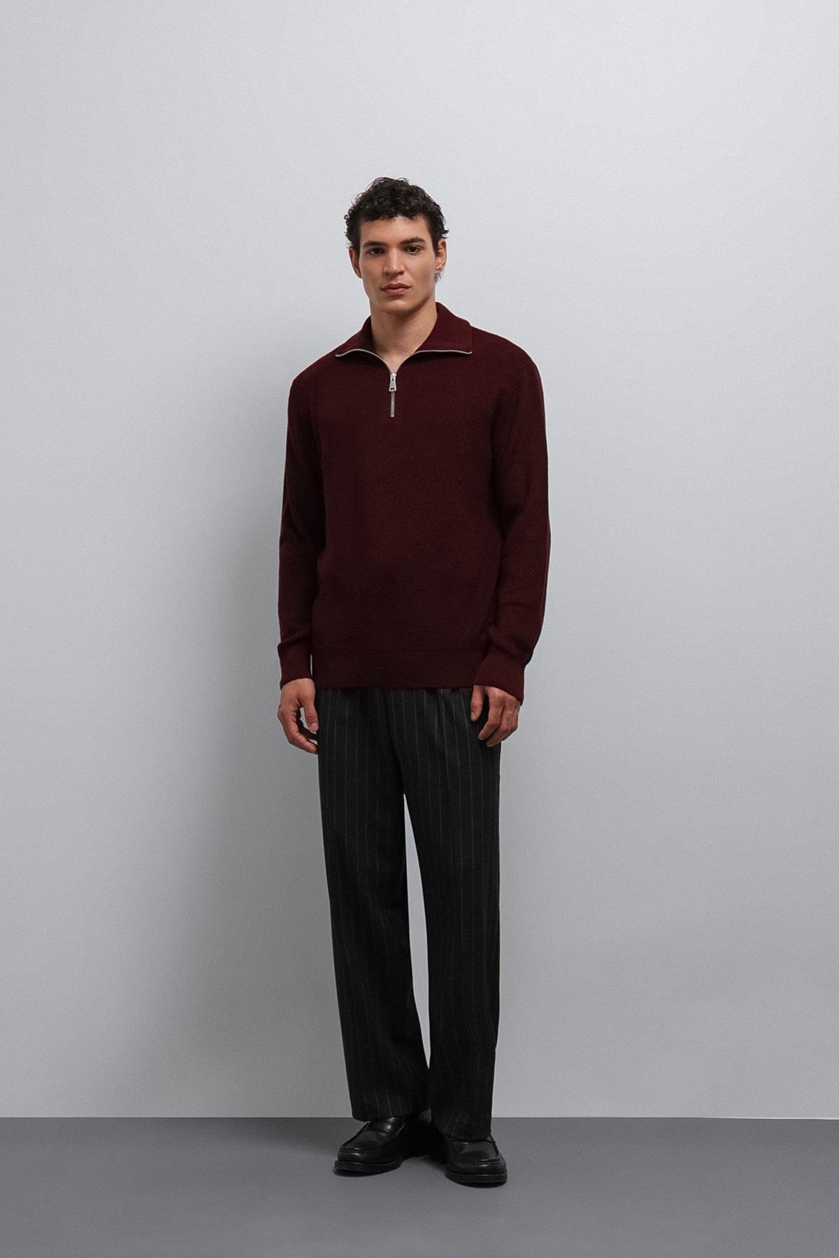 Antioch Bordo Fermuarlı Triko Erkek Kazak