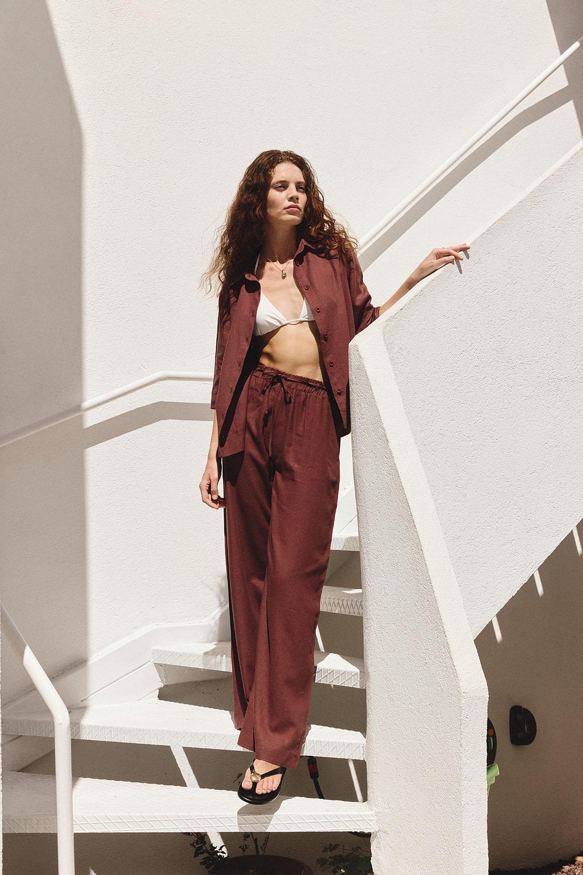 Antioch Bordo Keten Karışımlı Kadın Gömlek