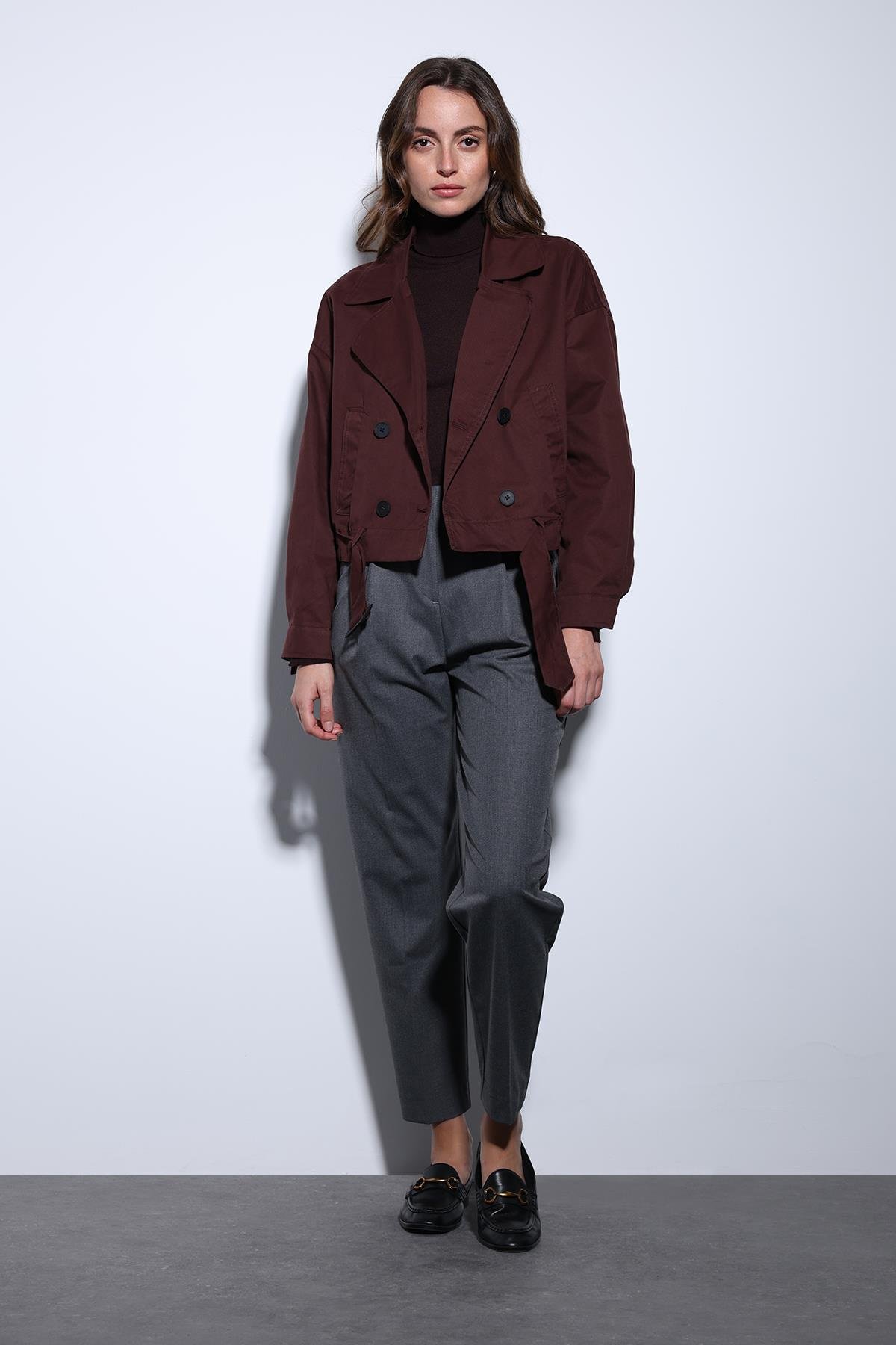 Antioch Bordo Kruvaze Kısa Kadın Trençkot