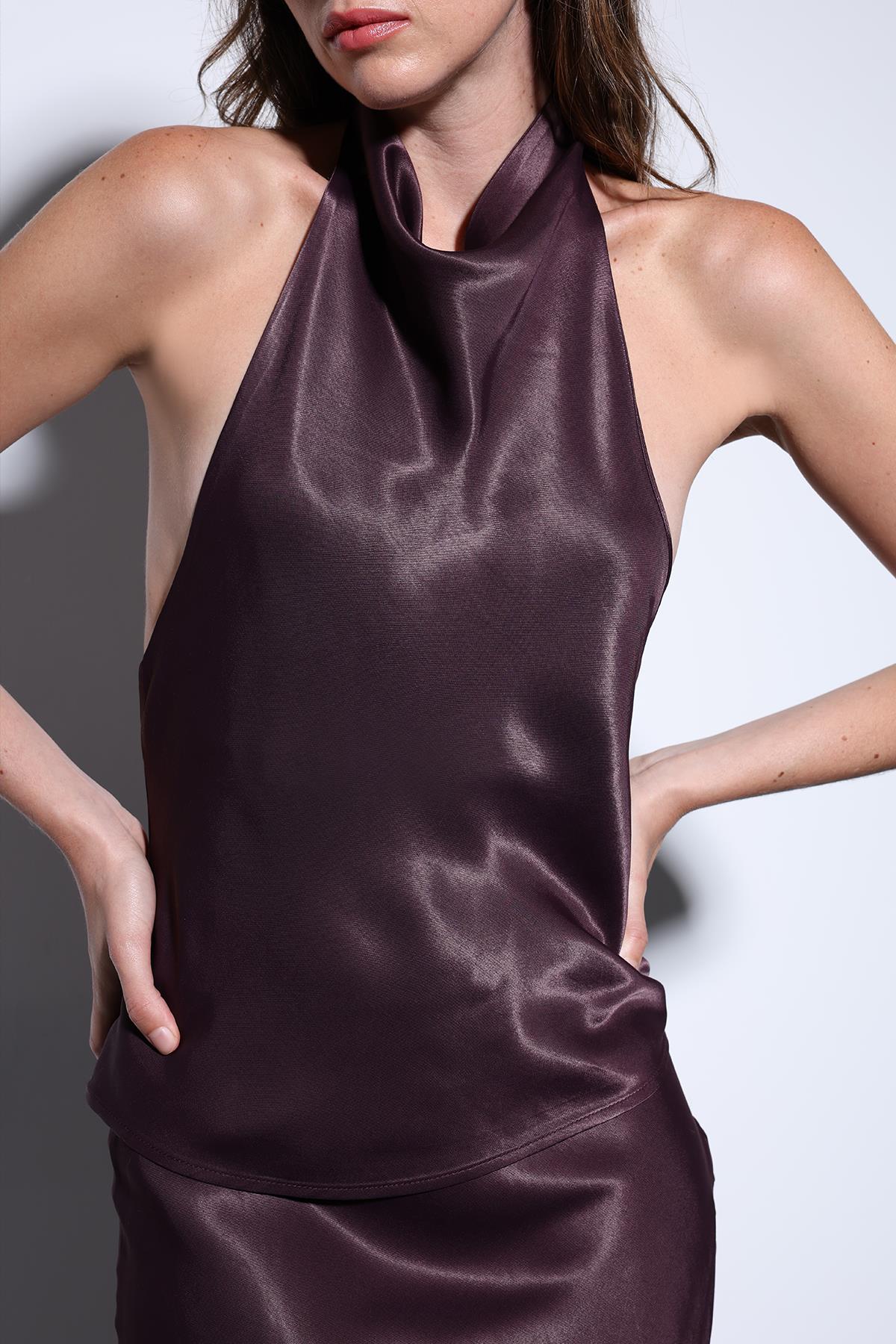 Antioch Bordo Saten Halter Kadın Top