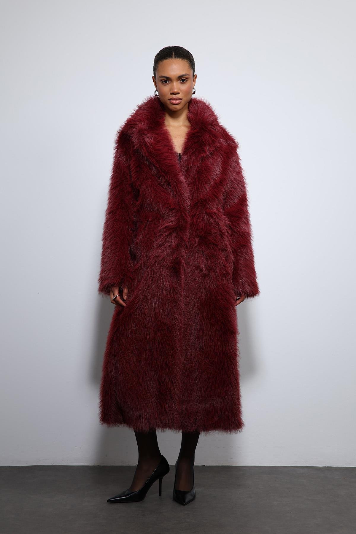 Antioch Bordo Suni Kürklü Uzun Kaban