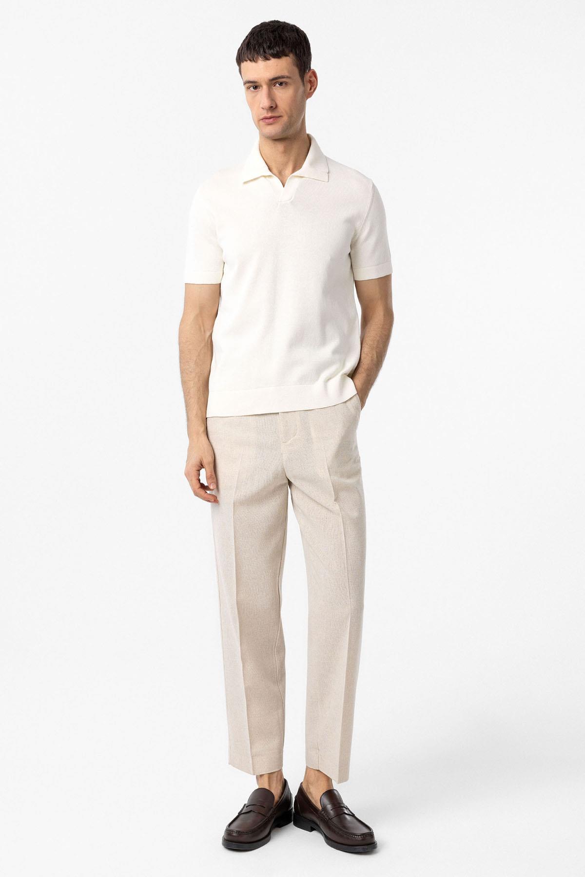 Antioch Ekru 100% Pamuk Apaş Yaka Triko T-Shirt