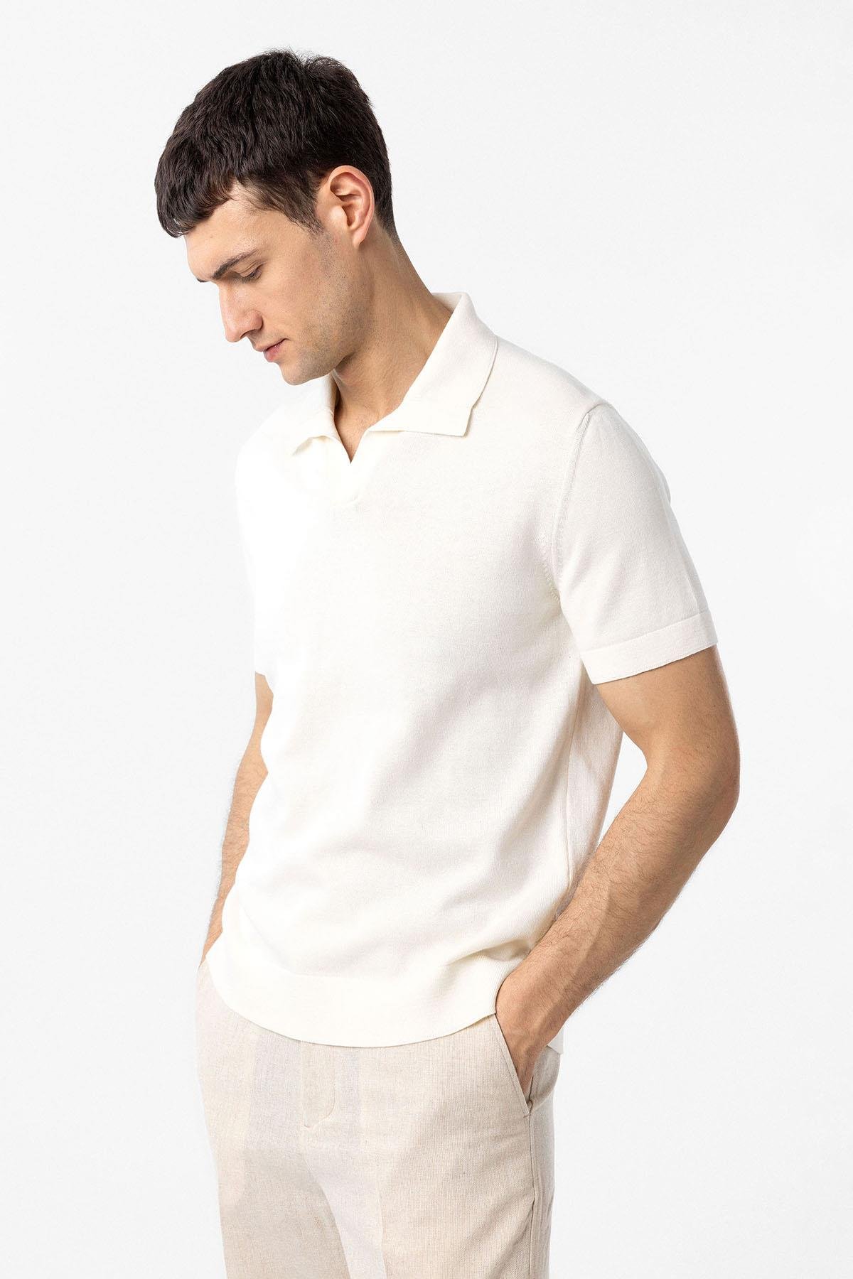 Antioch Ekru 100% Pamuk Apaş Yaka Triko T-Shirt