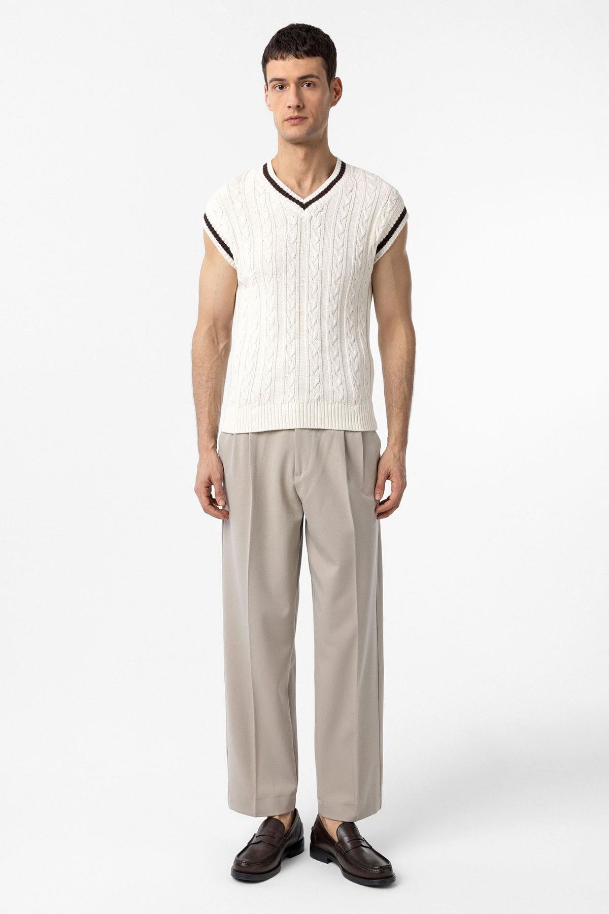 Antioch Ekru 100% Pamuk Örgü Erkek Yelek