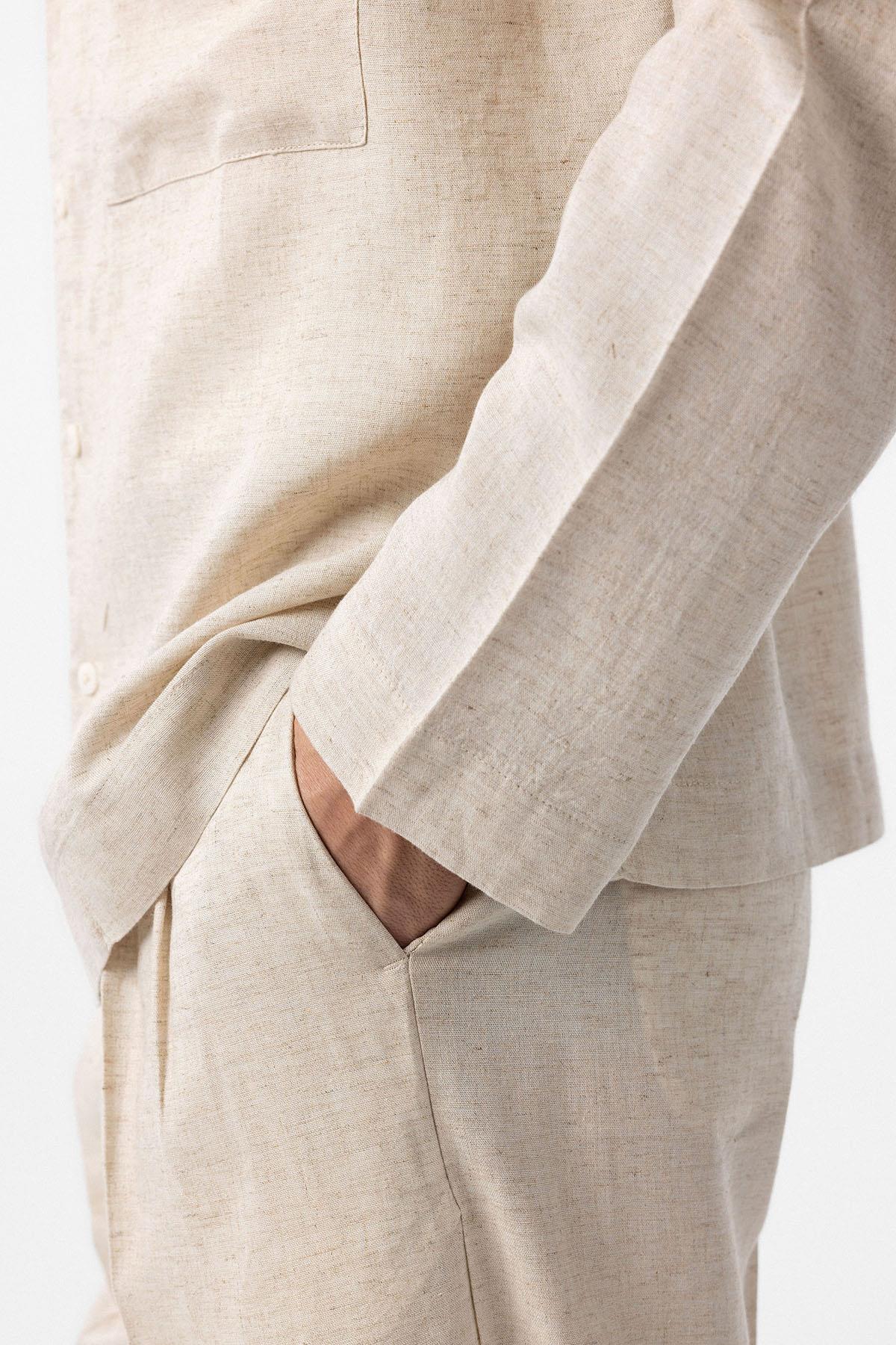 Antioch Ekru Keten Karışımlı Relax Fit Erkek Gömlek