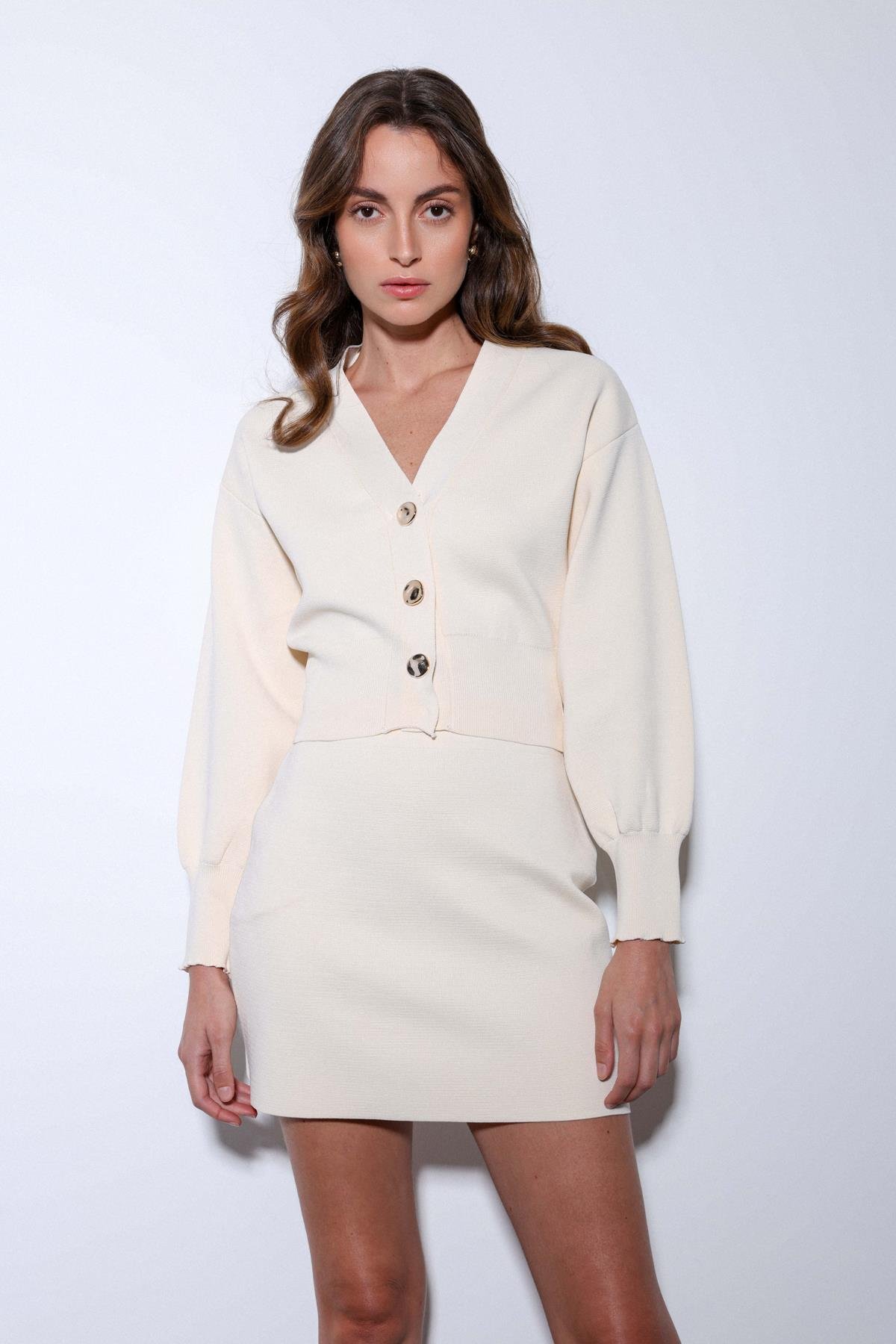 Antioch Ekru Metal Düğme Kadın Triko Hırka