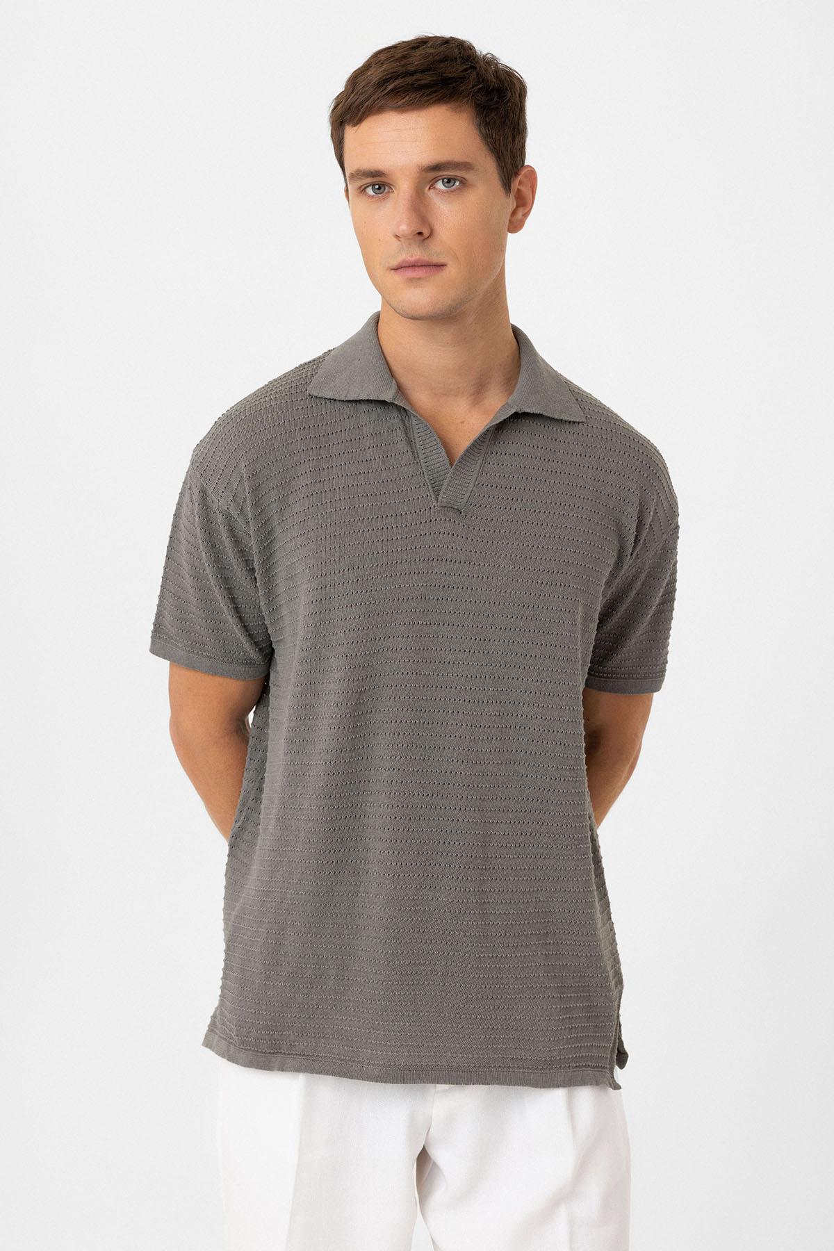 Antioch Gri Polo Yaka Dokulu Erkek Triko T-Shirt