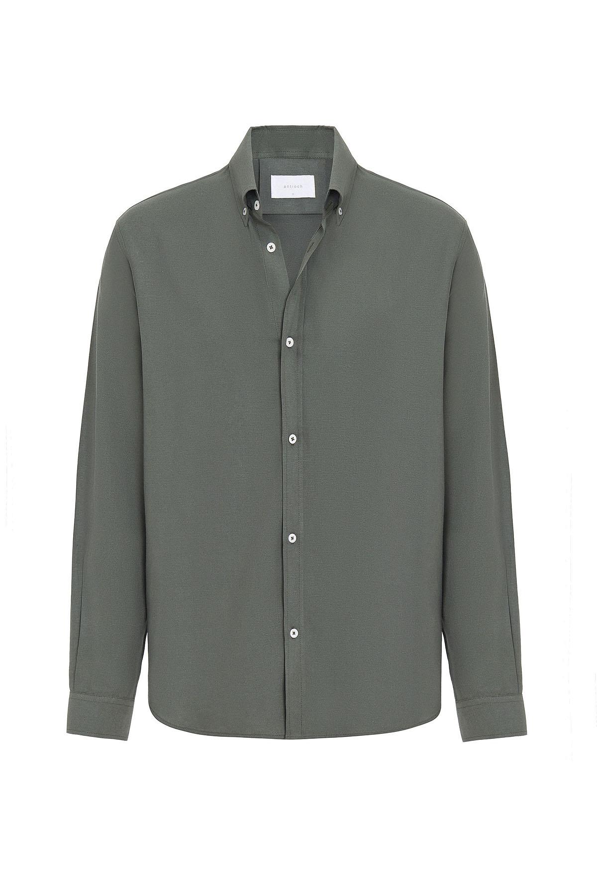 Antioch Haki Keten Karışımlı Yaka Düğmeli Erkek Gömlek