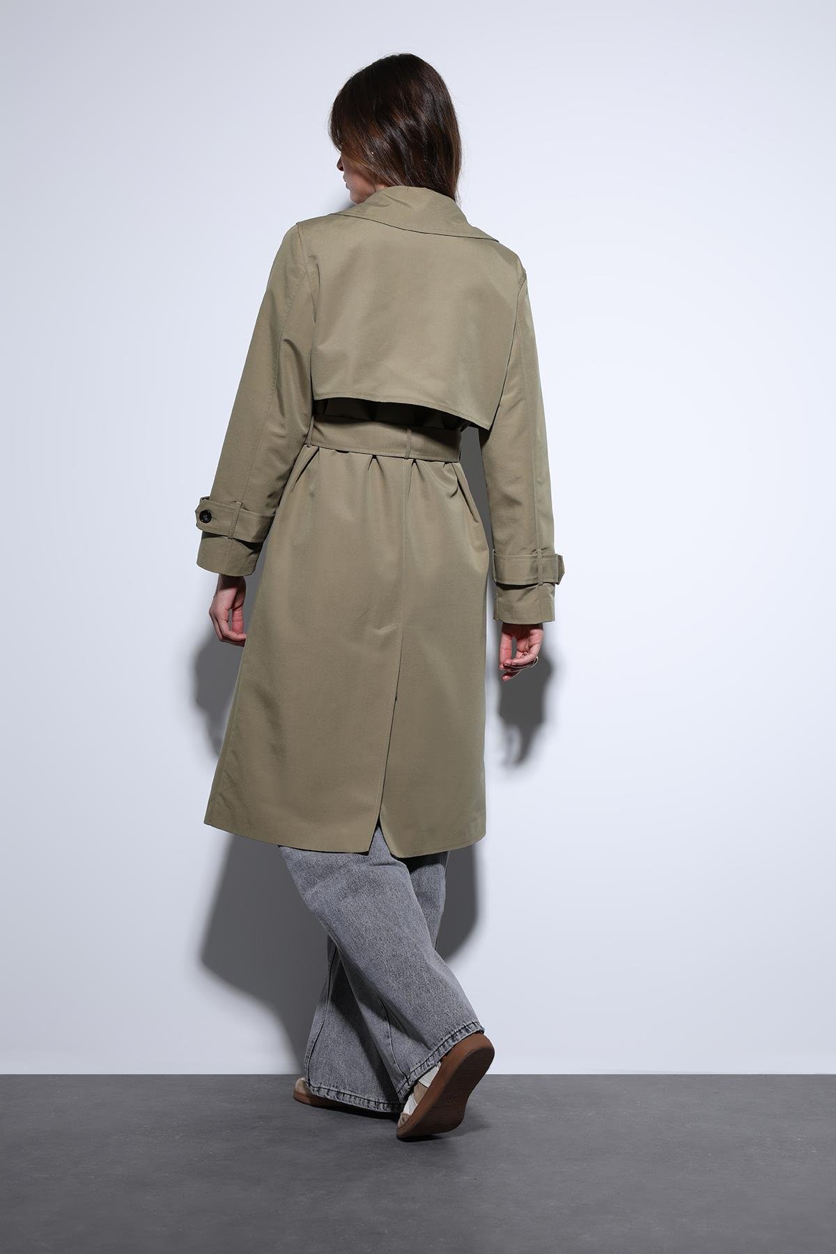 Antioch Haki Kruvaze Kemerli Kadın Trençkot