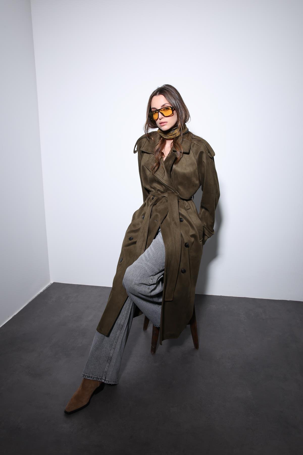 Antioch Haki Kruvaze Süet Görünümlü Premium Kadın Trençkot