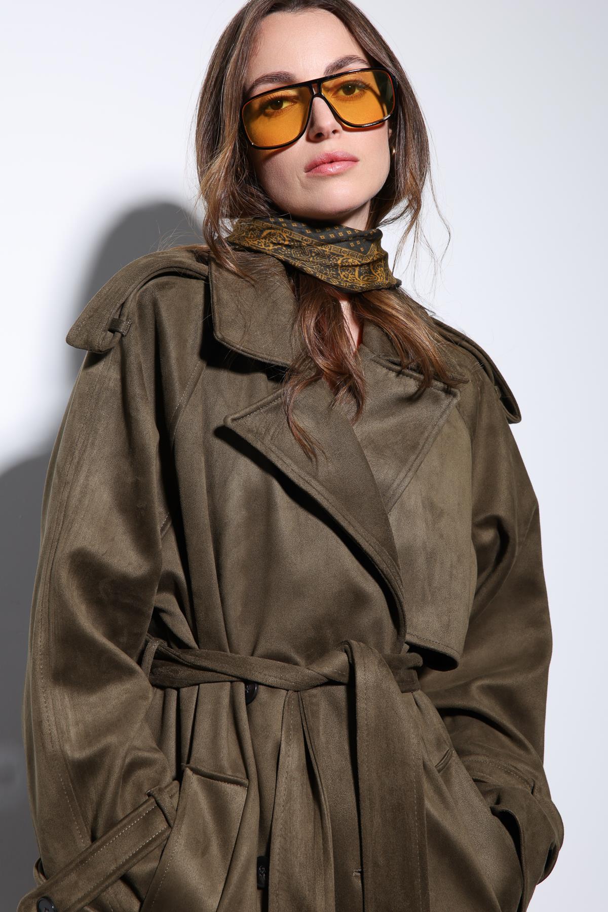 Antioch Haki Kruvaze Süet Görünümlü Premium Kadın Trençkot