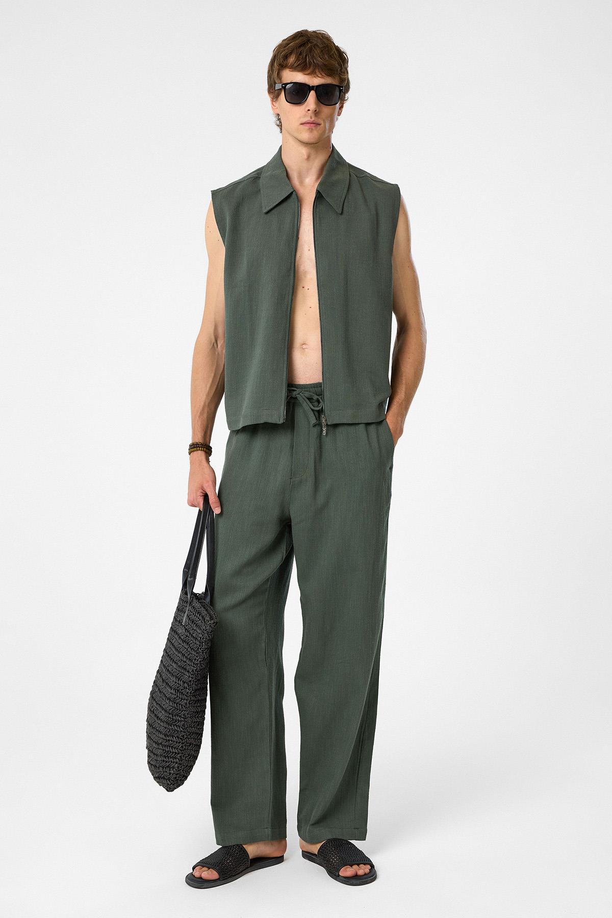 Antioch Haki Polo Yaka Dokulu Erkek Yelek