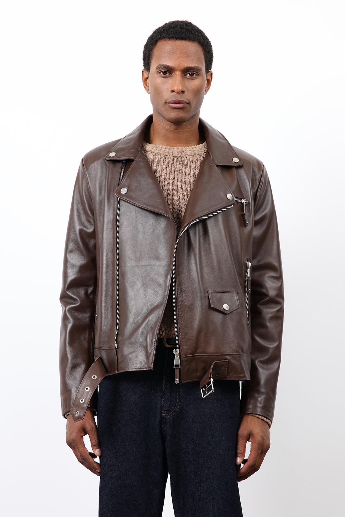 Antioch Kahve 100% Deri Biker Ceket