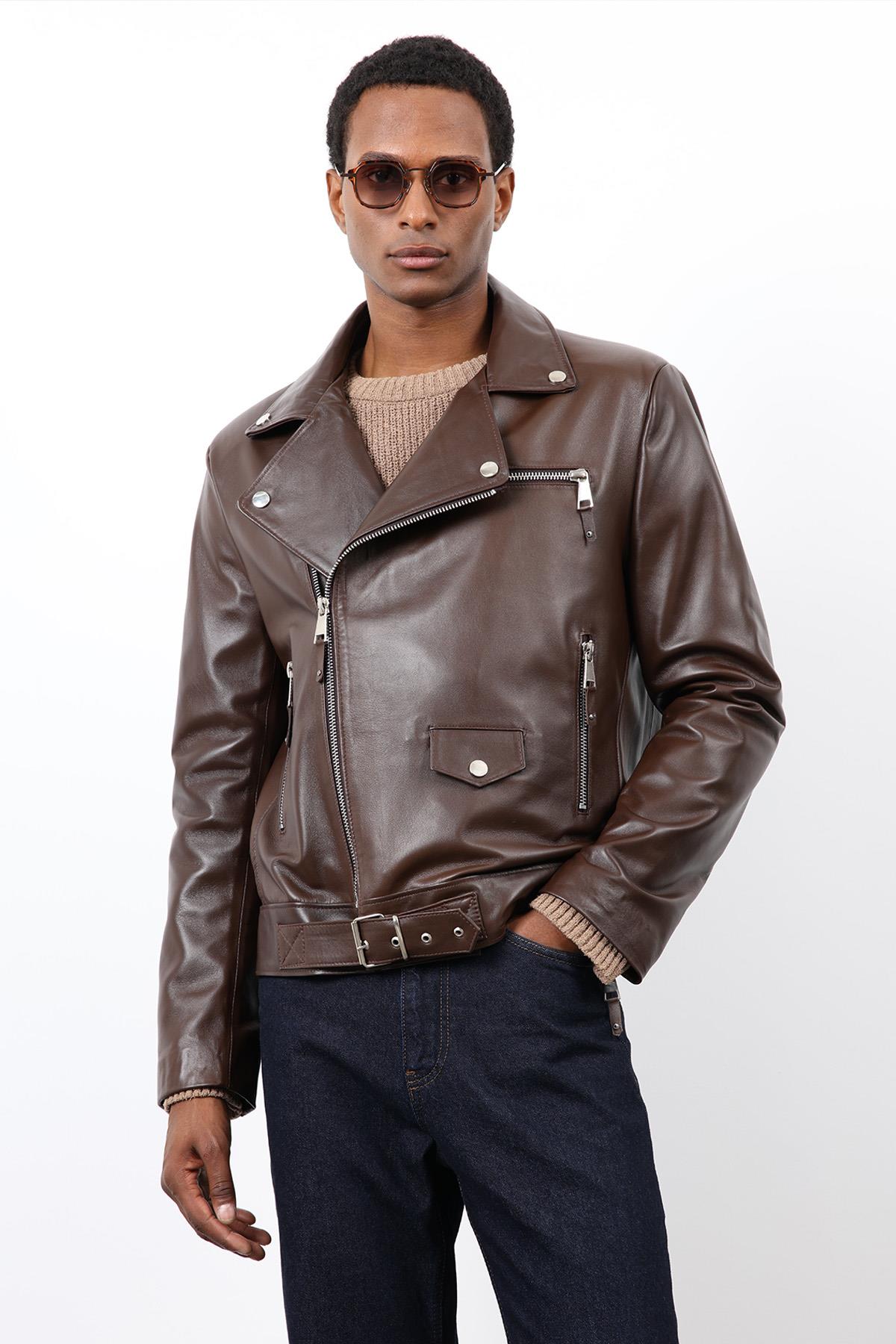 Antioch Kahve 100% Deri Biker Ceket