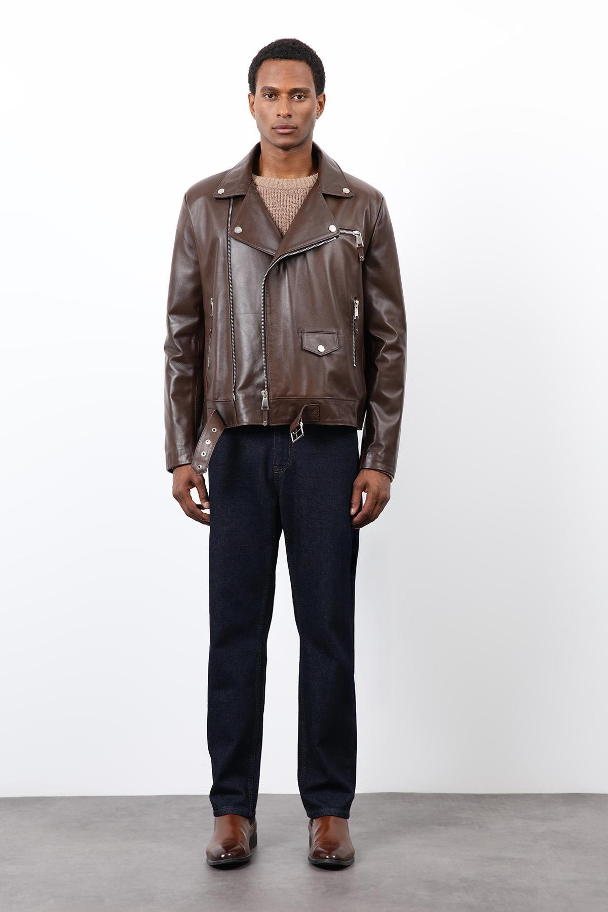 Antioch Kahve 100% Deri Biker Ceket