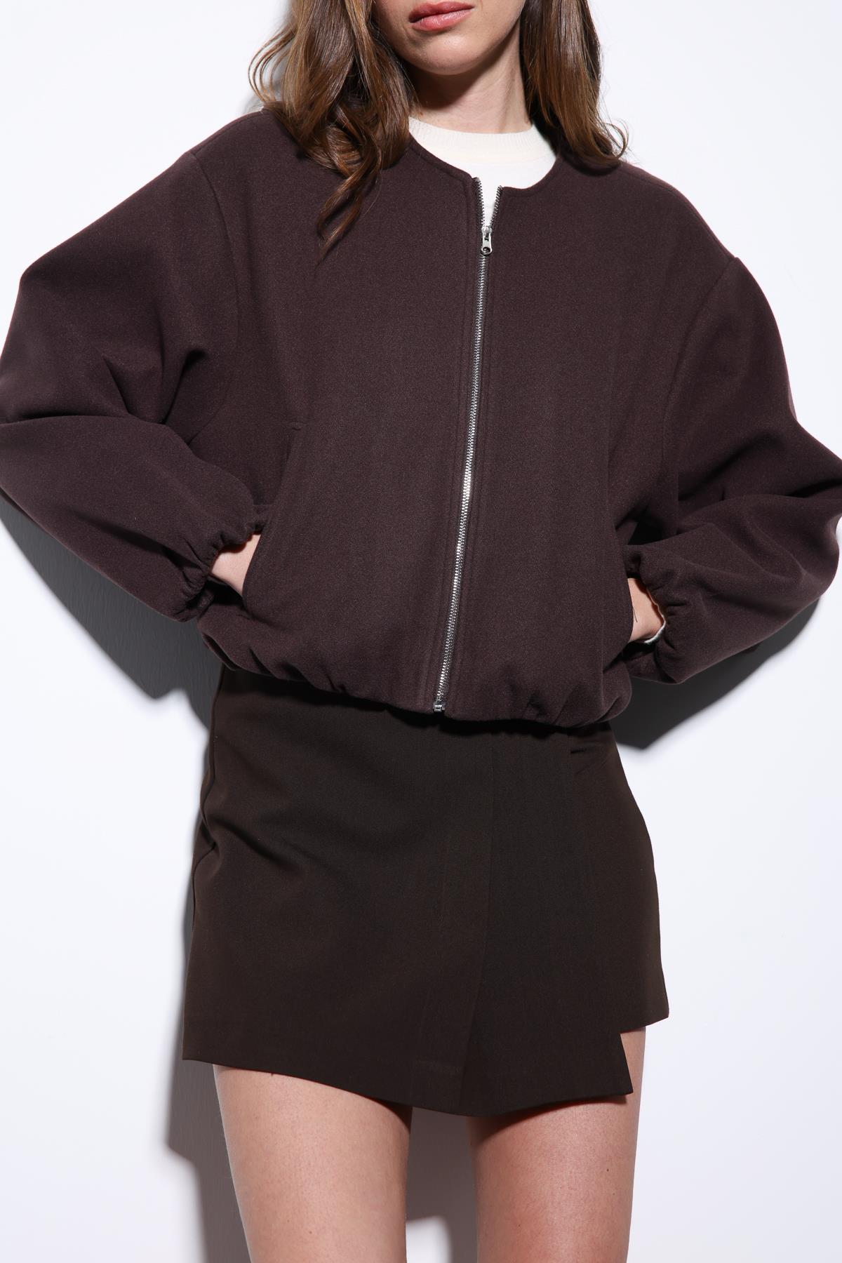 Antioch Kahve Bel Lastikli Crop Kadın Mont