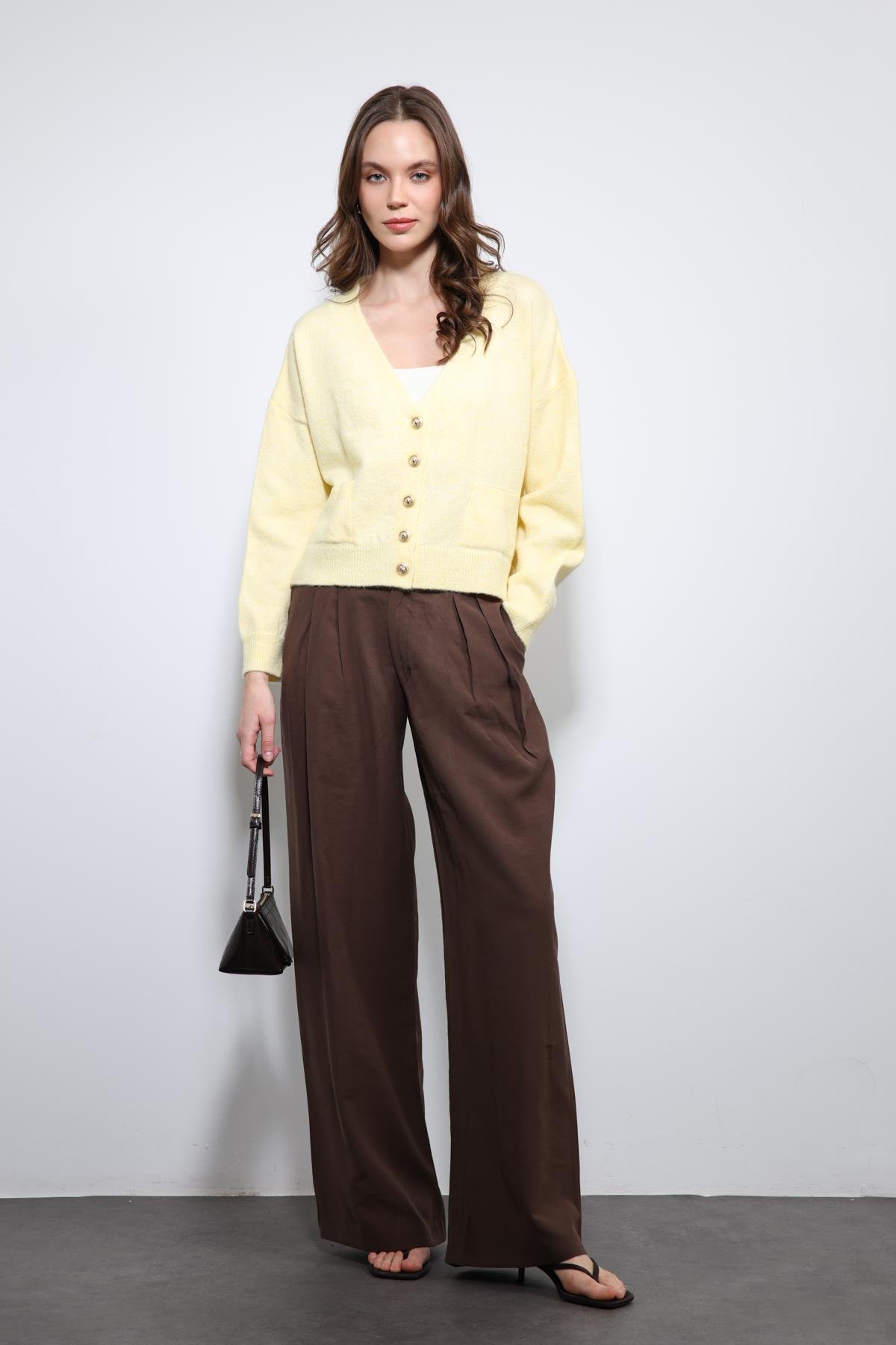 Antioch Kahve Bel Lastikli Pileli Kadın Pantolon