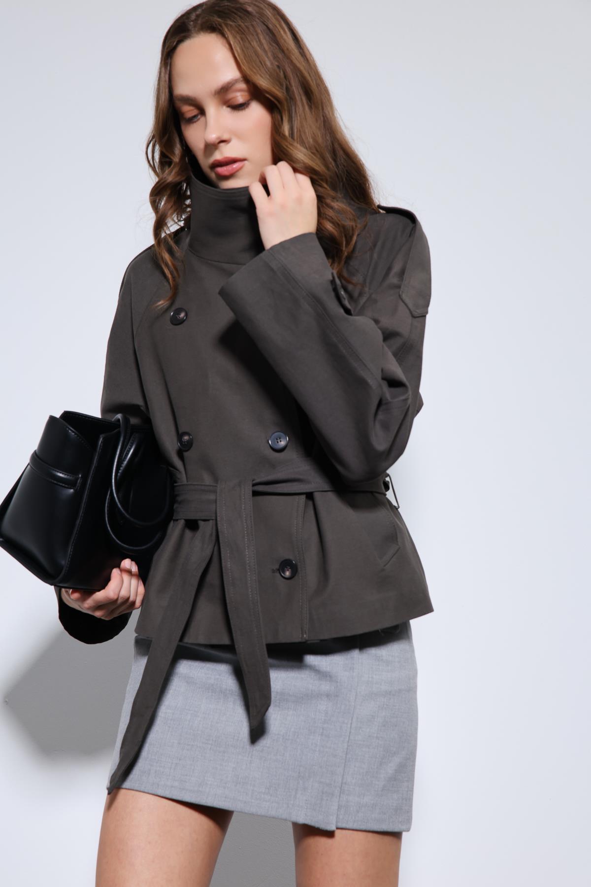 Antioch Kahve Dik Yaka Kruvaze Trençkot