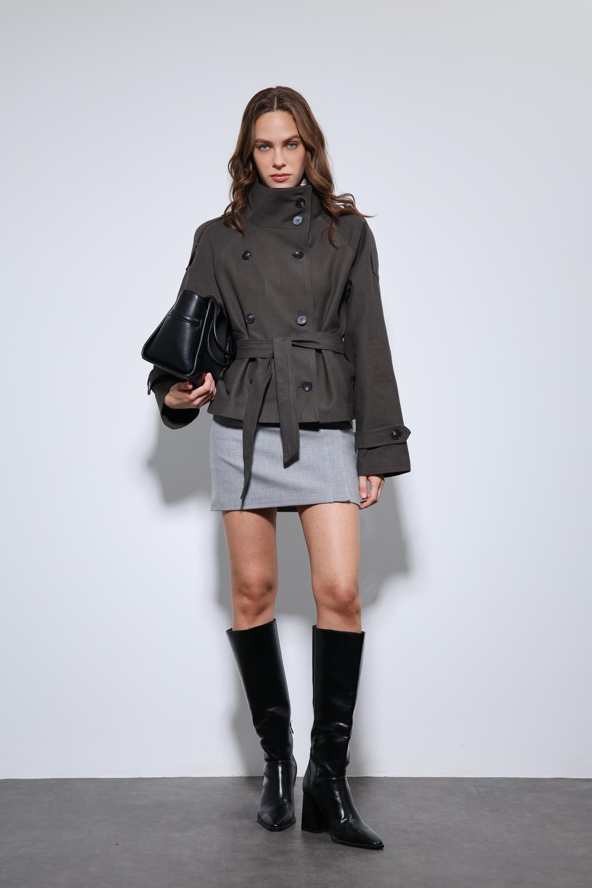 Antioch Kahve Dik Yaka Kruvaze Trençkot