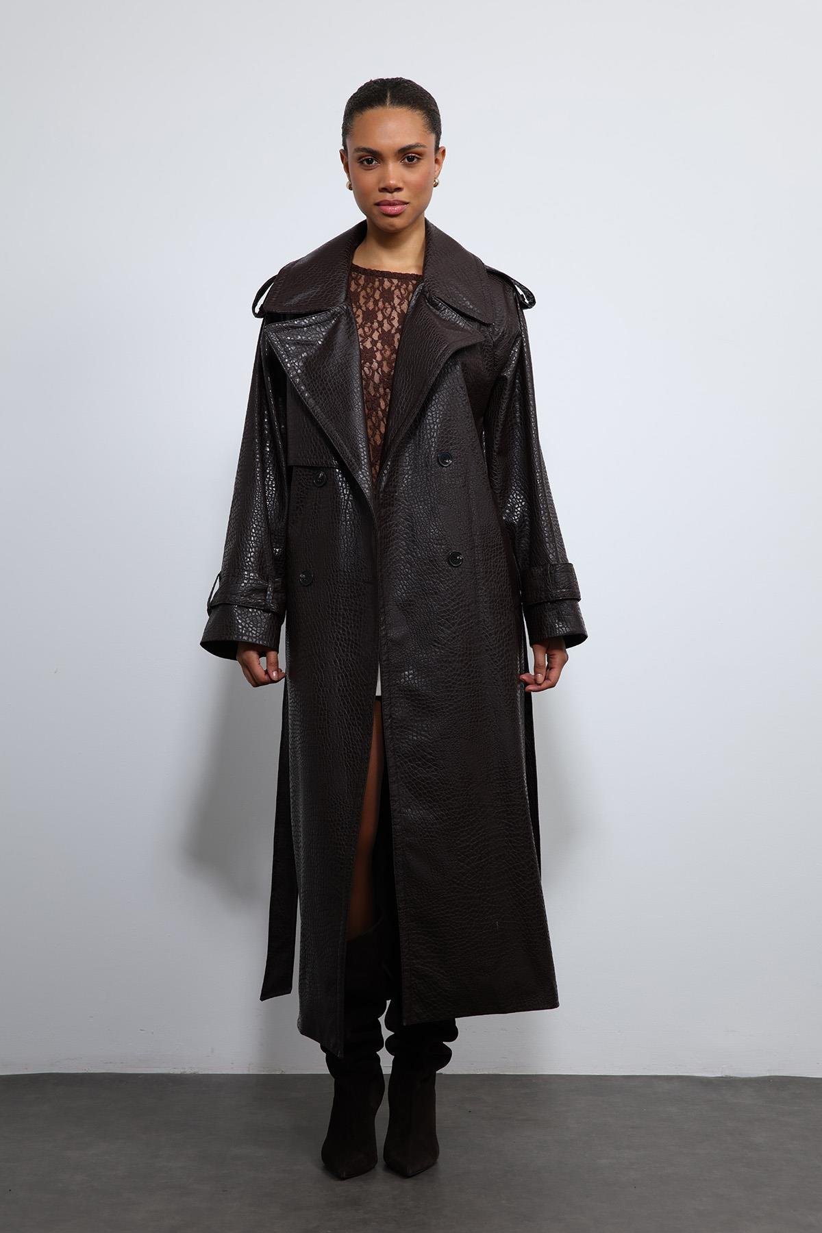 Antioch Kahve Dokulu Suni Deri Trençkot