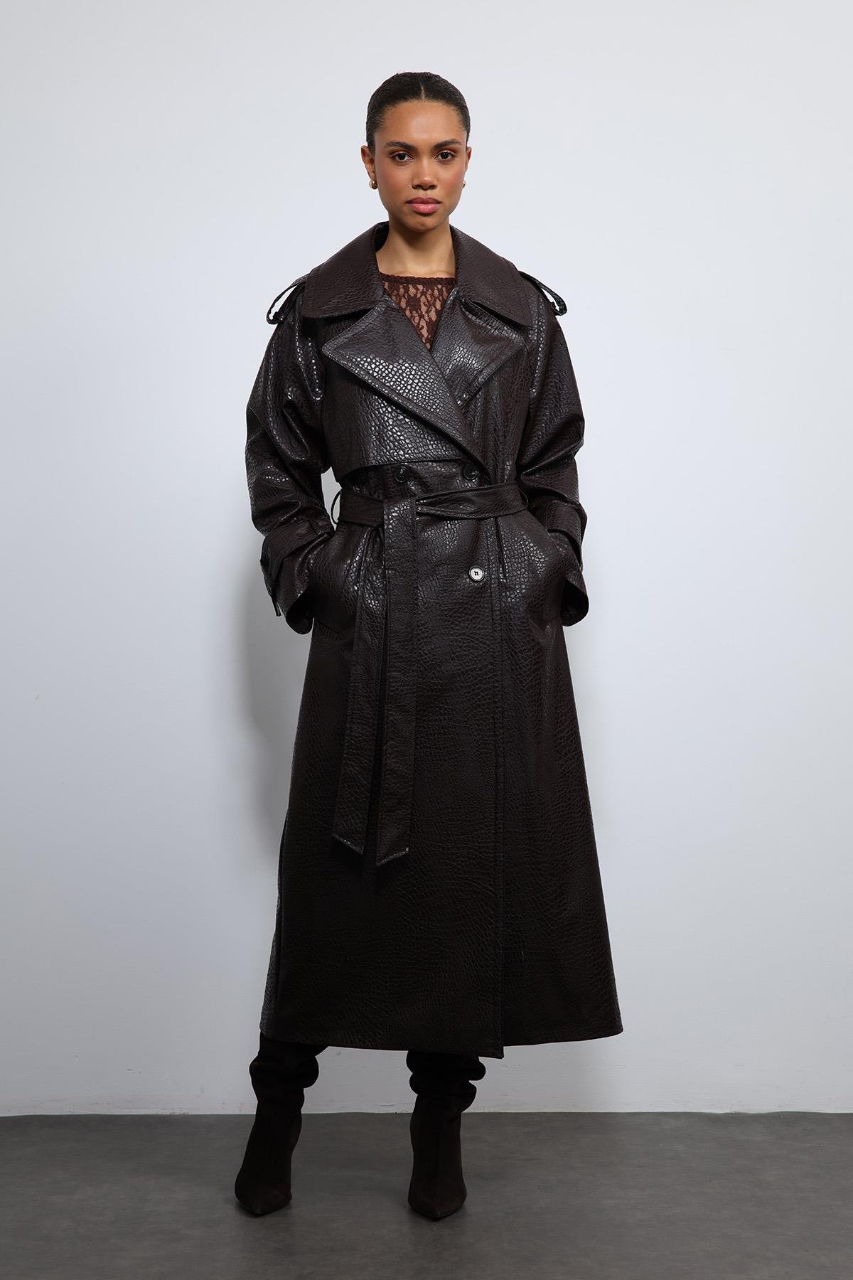 Antioch Kahve Dokulu Suni Deri Trençkot