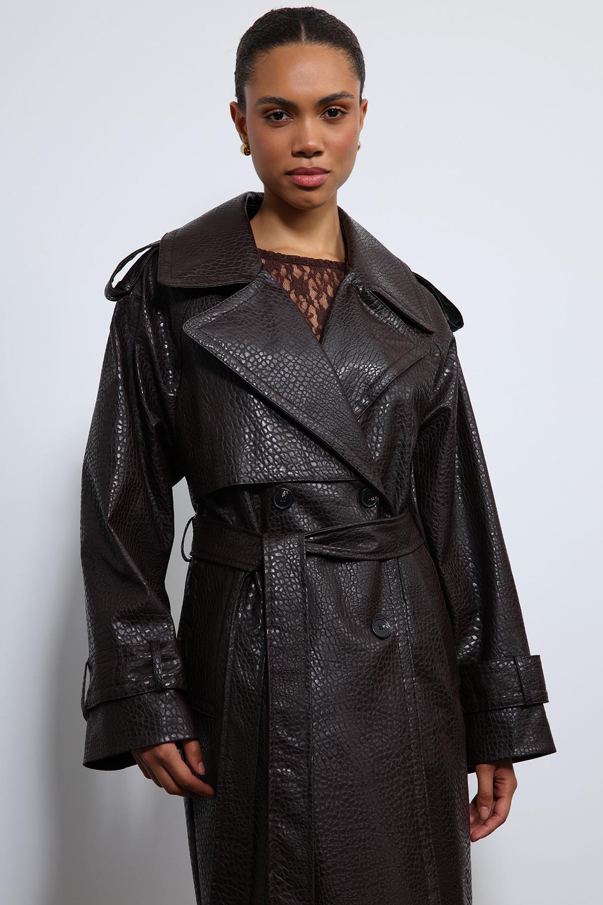 Antioch Kahve Dokulu Suni Deri Trençkot