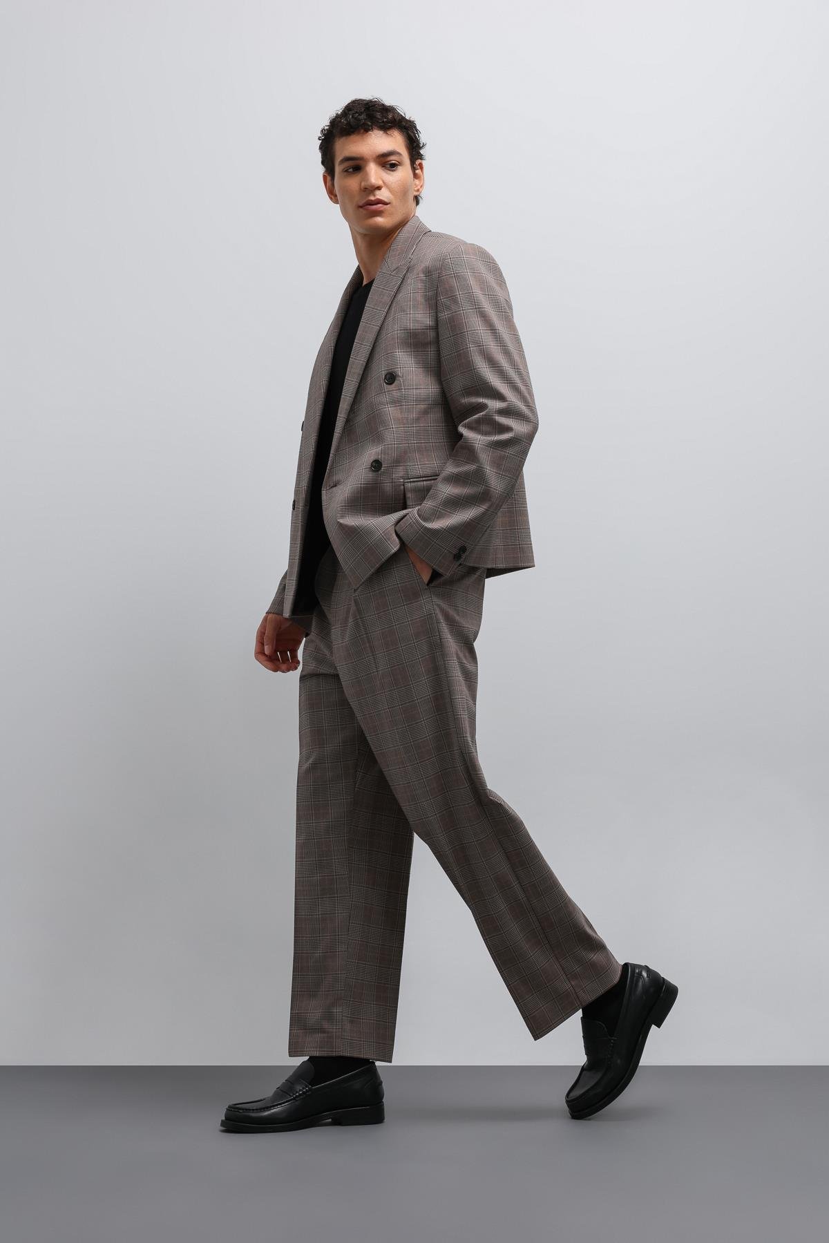 Antioch Kahve Ekoseli Kruvaze Erkek Blazer Ceket