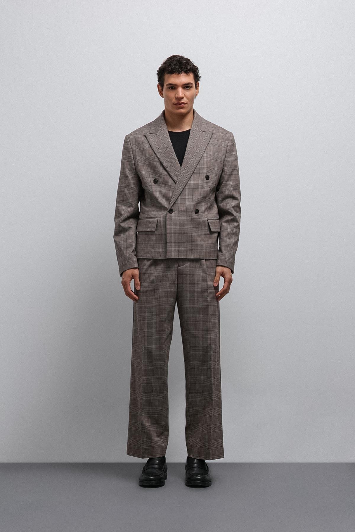 Antioch Kahve Ekoseli Kruvaze Erkek Blazer Ceket