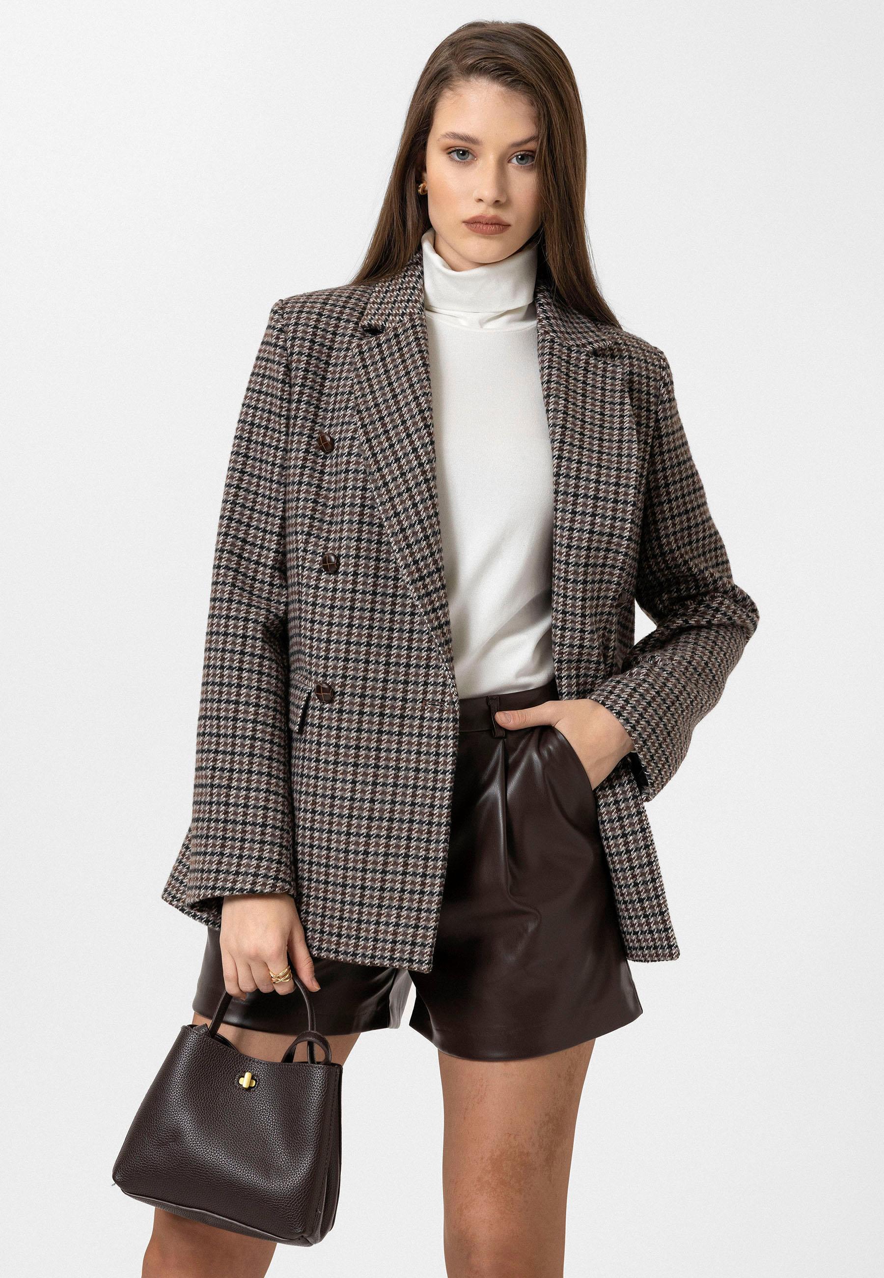 Antioch Kahve Kadın Kazayağı Desenli Blazer Ceket