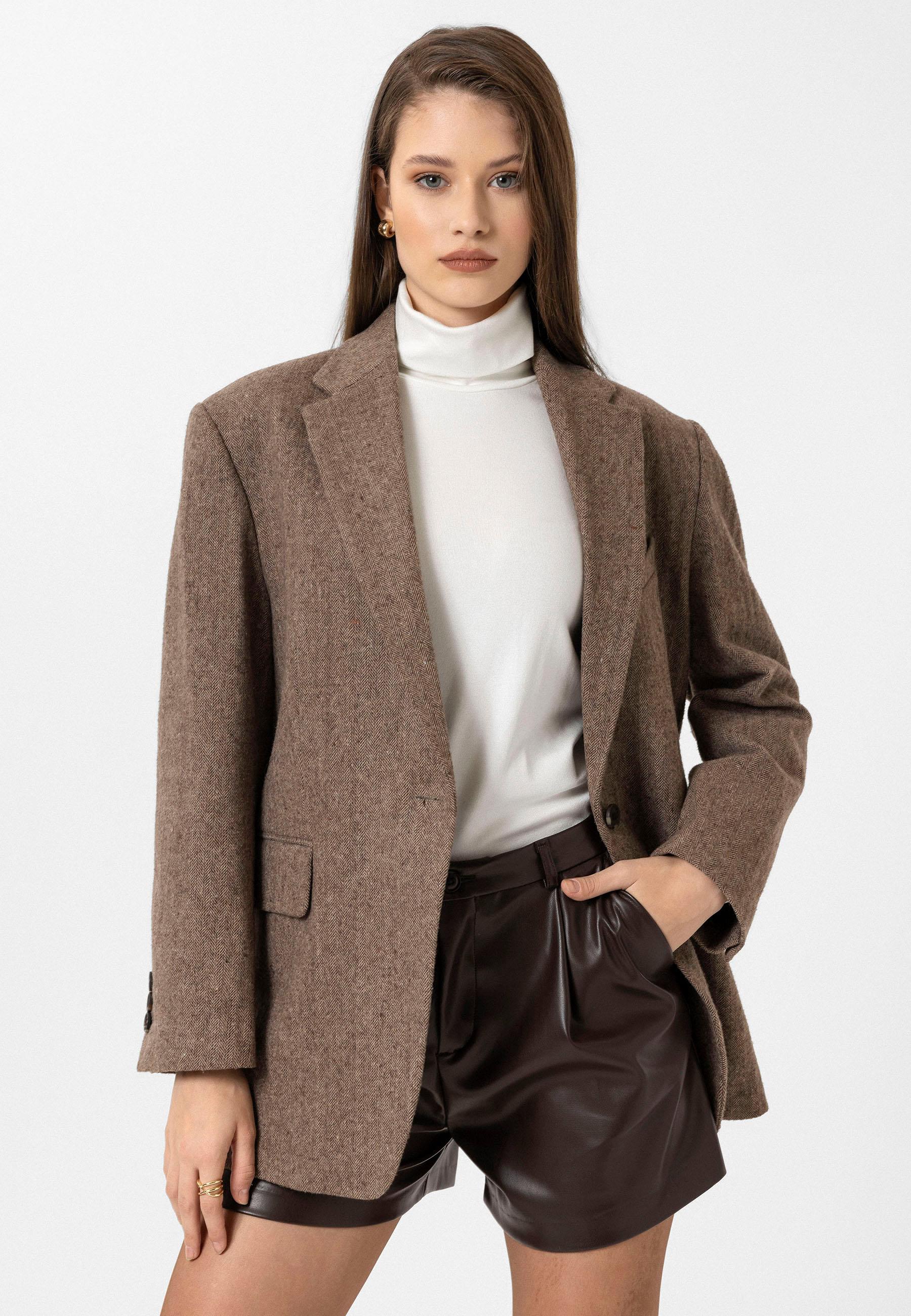 Antioch Kahve Kadın Relax Fit Balıksırtı Desenli Blazer Ceket