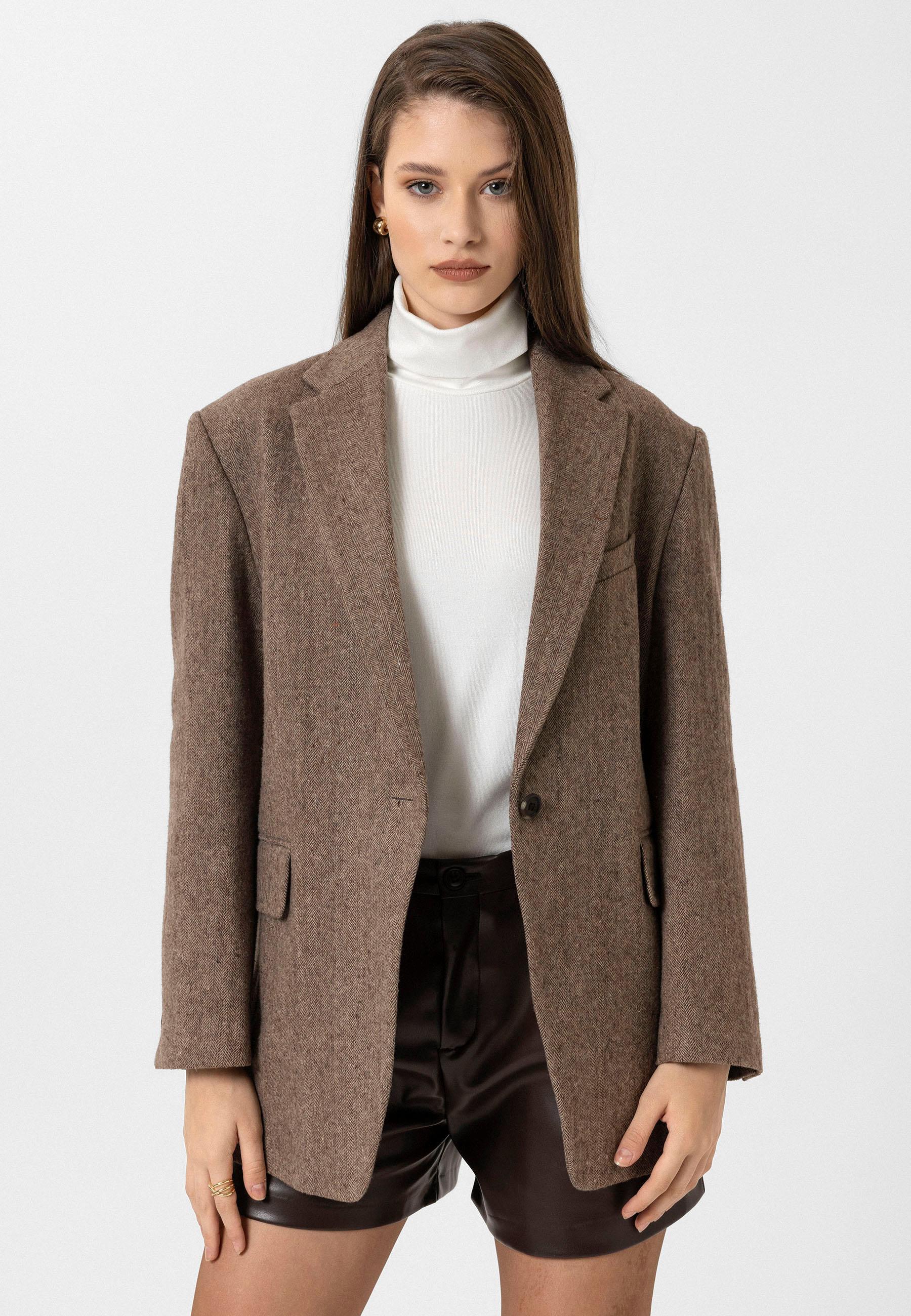 Antioch Kahve Kadın Relax Fit Balıksırtı Desenli Blazer Ceket