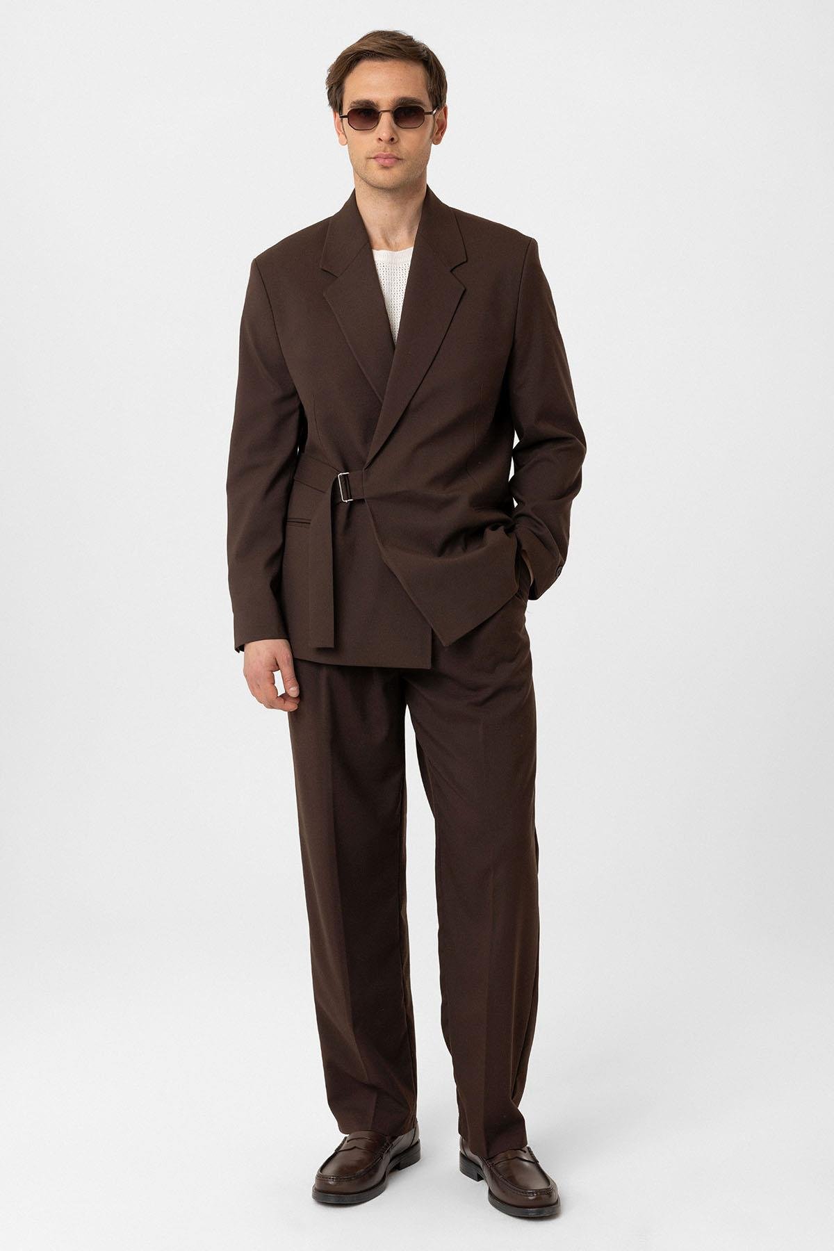 Antioch Kahve Kuşaklı Relax Fit Erkek Blazer Ceket