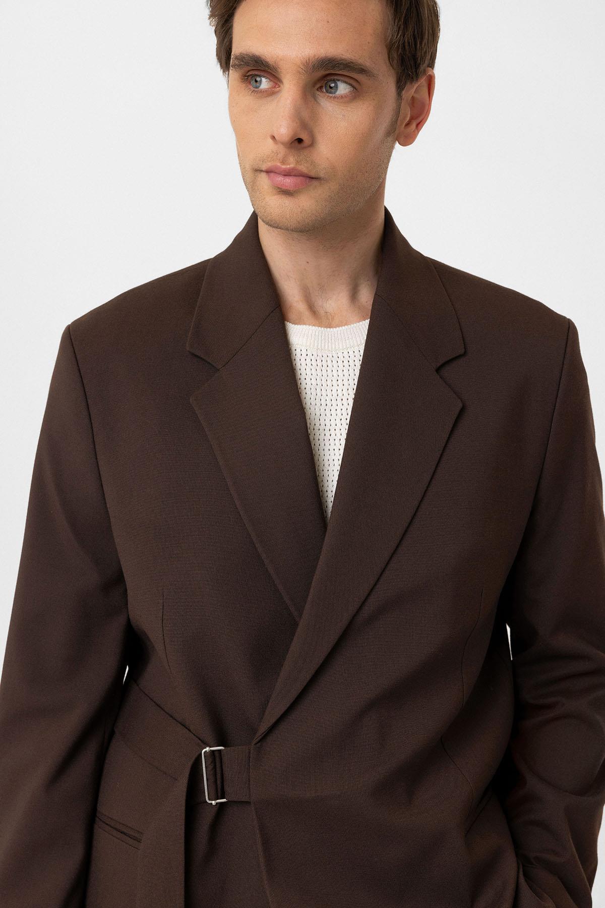 Antioch Kahve Kuşaklı Relax Fit Erkek Blazer Ceket