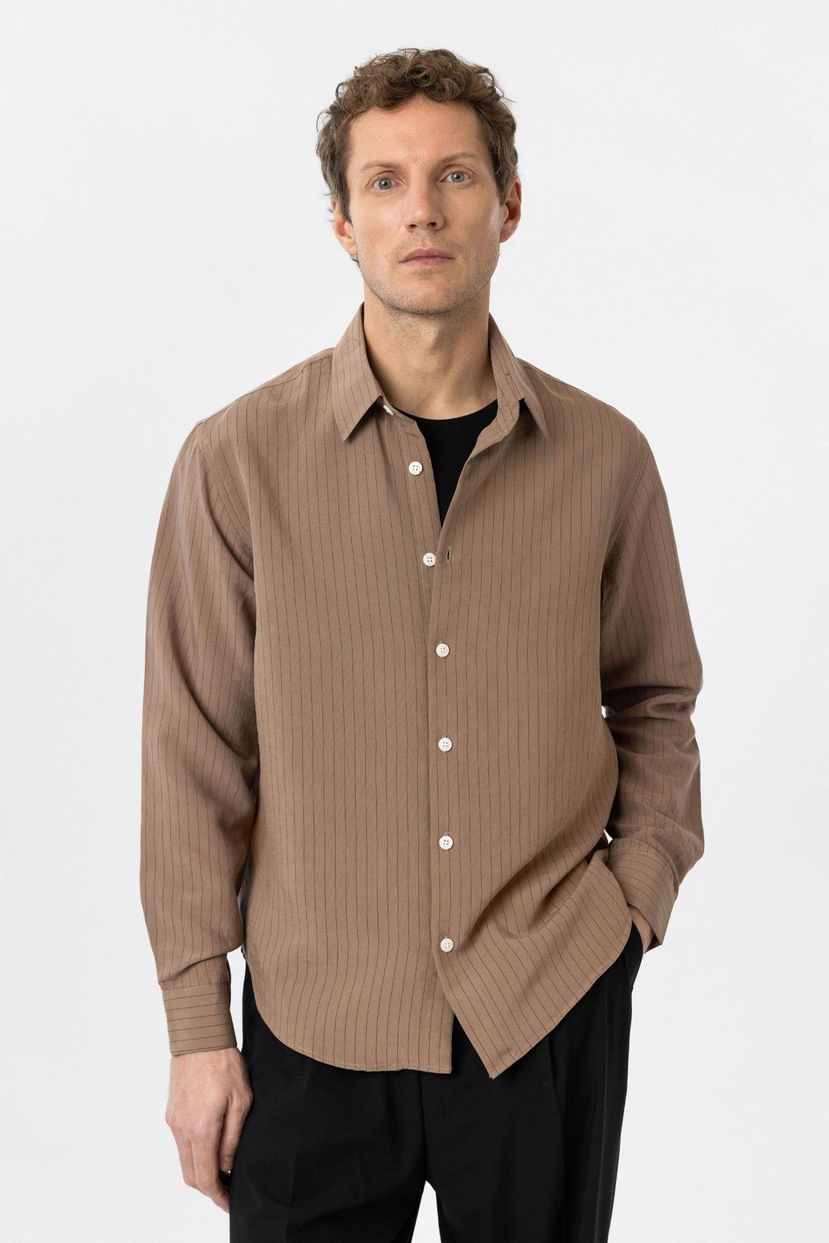 Antioch Kahve Modal Kumaş Relax Fit Çizgili Erkek Gömlek