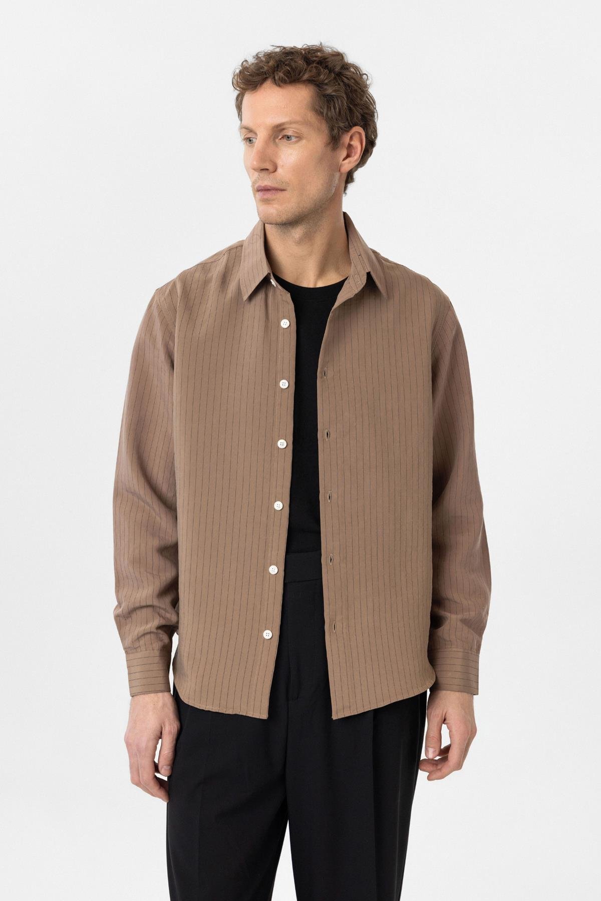 Antioch Kahve Modal Kumaş Relax Fit Çizgili Erkek Gömlek