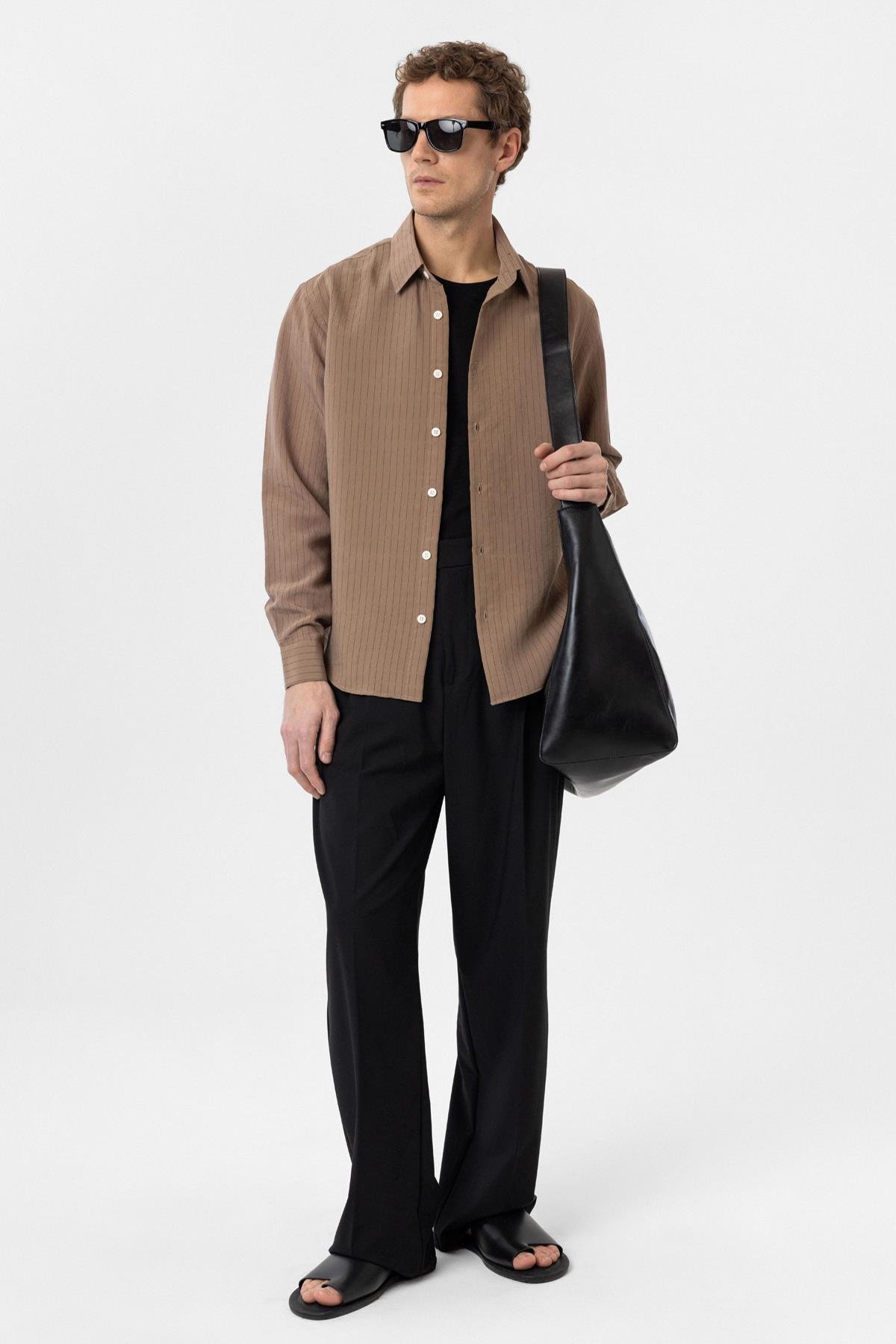 Antioch Kahve Modal Kumaş Relax Fit Çizgili Erkek Gömlek