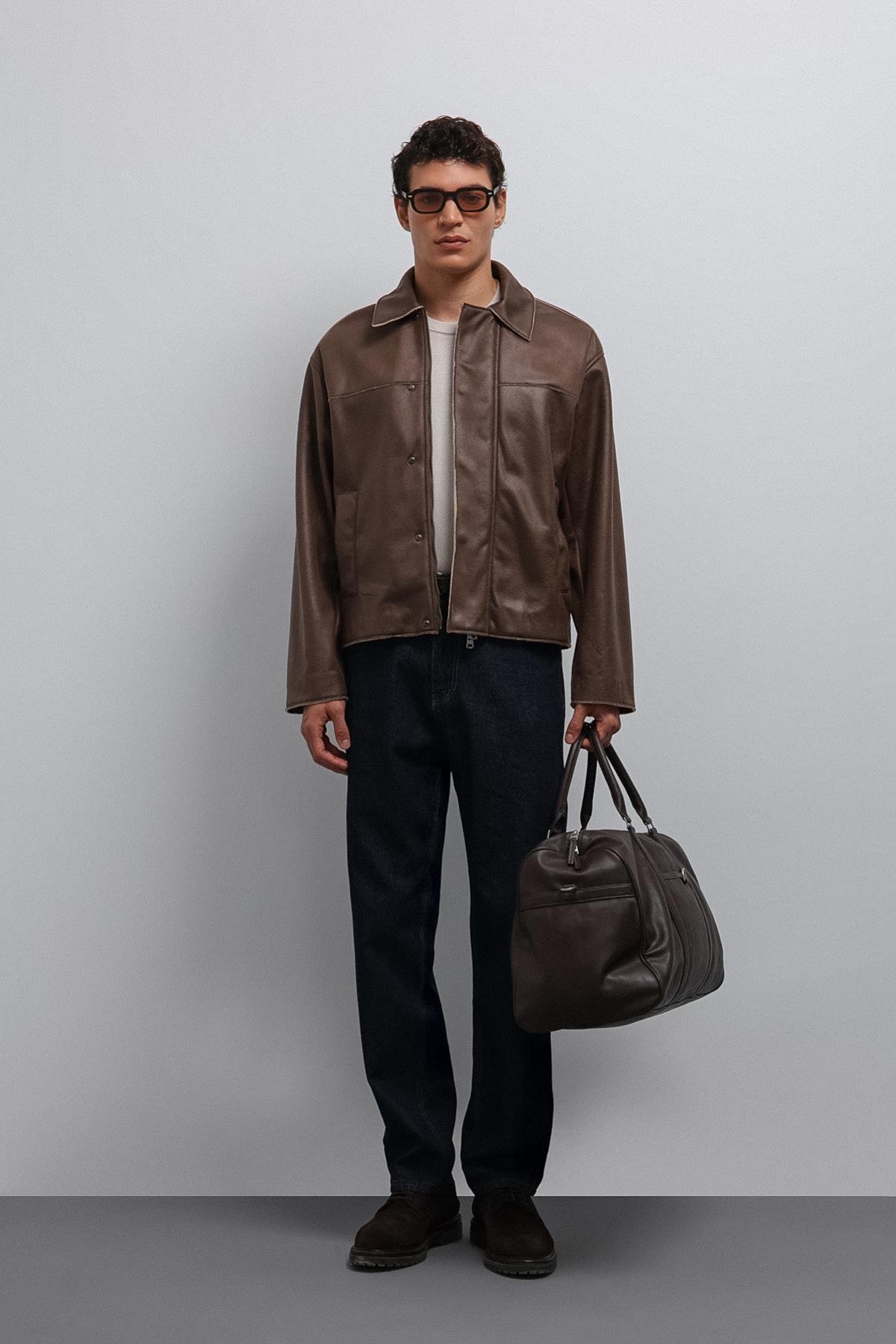 Antioch Kahve Relax Fit Suni Deri Erkek Mont