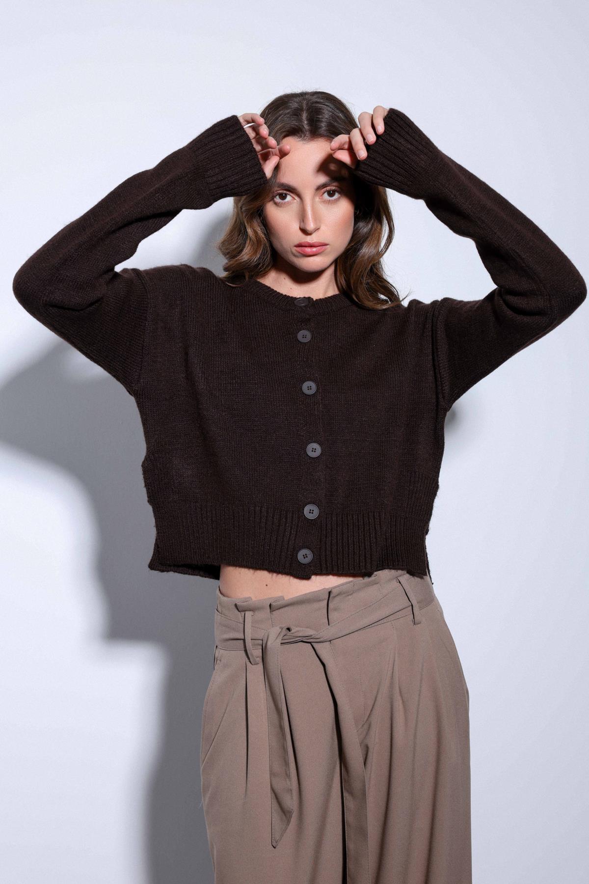 Antioch Kahve Yırtmaçlı Örgü Triko Kadın Kazak