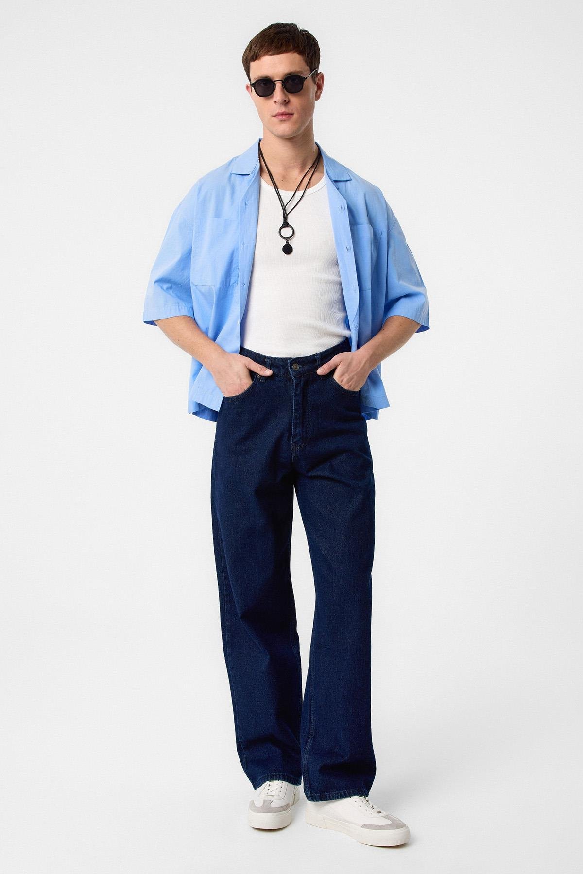 Antioch Koyu Lacivert Yüksek Bel Relaxed Fit Erkek Kot Pantolon