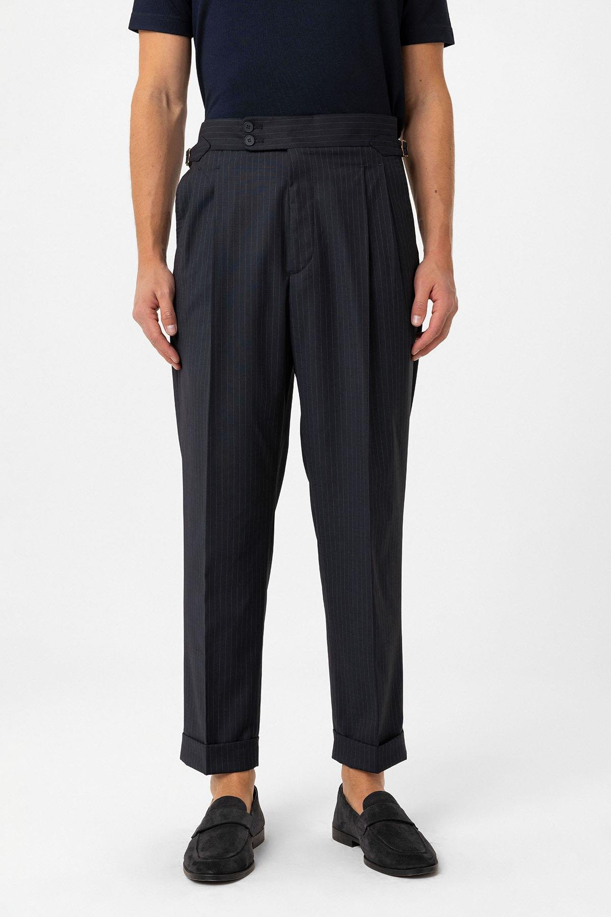 Antioch Lacivert Kruvaze Kapama İtalyan Kesim Yün Karışımlı Çizgili Erkek Teknik Takım