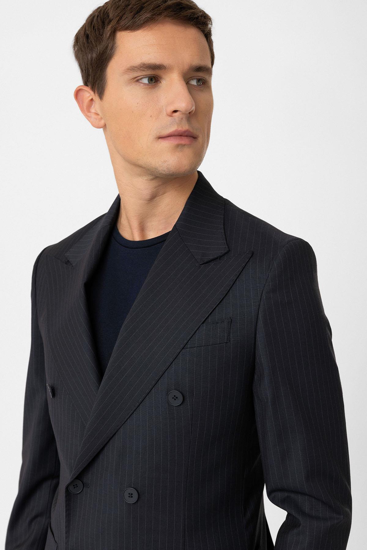 Antioch Lacivert Kruvaze Kapama İtalyan Kesim Yün Karışımlı Çizgili Erkek Teknik Takım