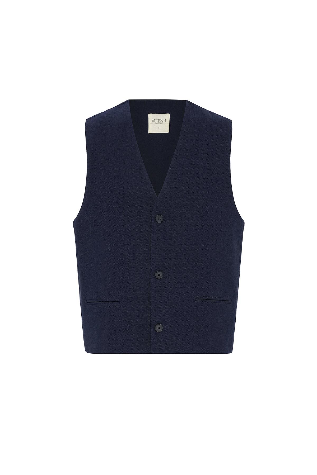 Antioch Lacivert Relax Fit Keten Karışımlı Erkek Yelek