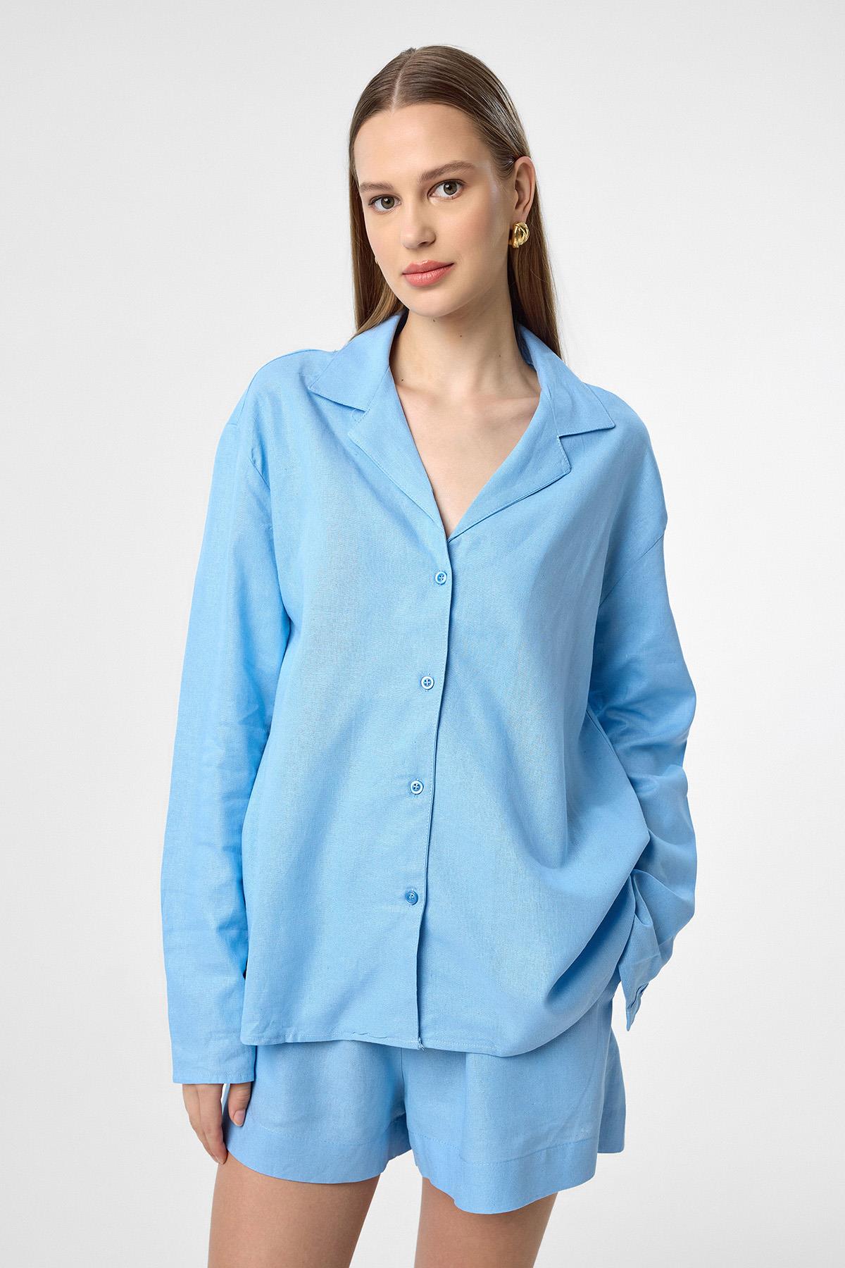 Antioch Mavi Keten Karışımlı Şort-Gömlek Kadın Takım