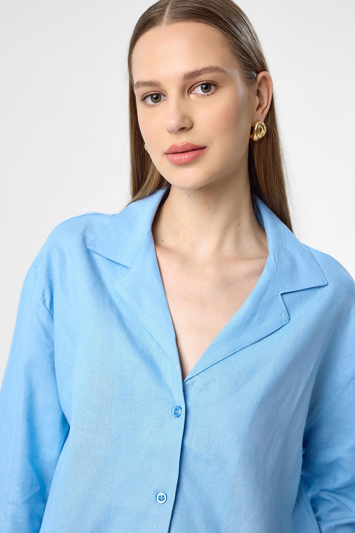 Antioch Mavi Keten Karışımlı Şort-Gömlek Kadın Takım