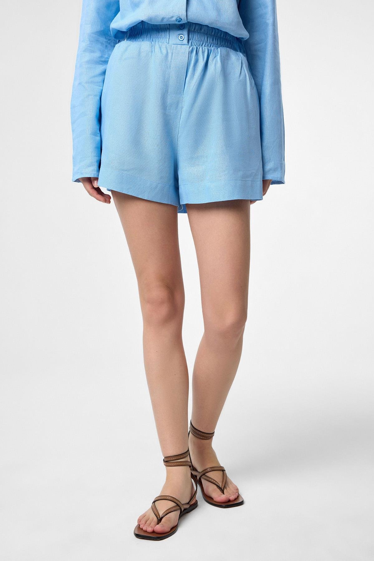 Antioch Mavi Keten Karışımlı Şort-Gömlek Kadın Takım