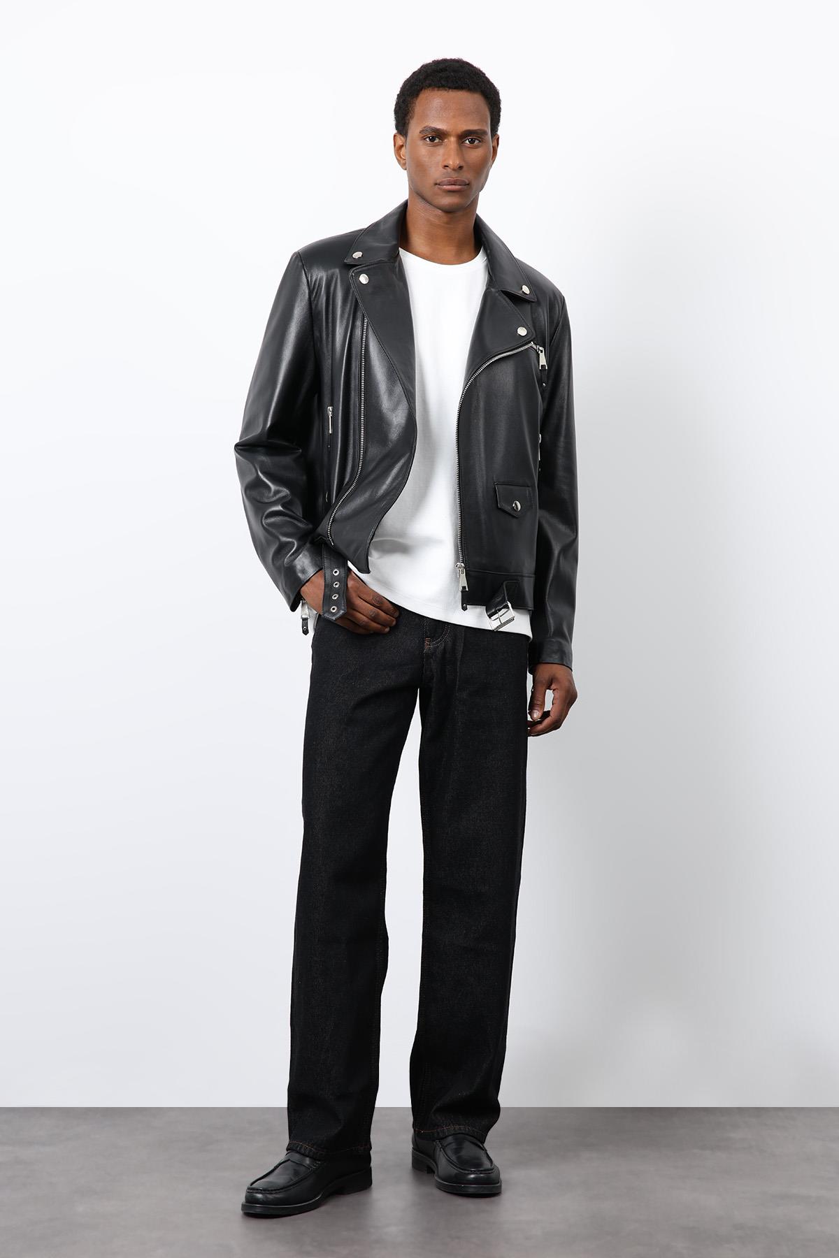 Antioch Siyah 100% Deri Biker Ceket